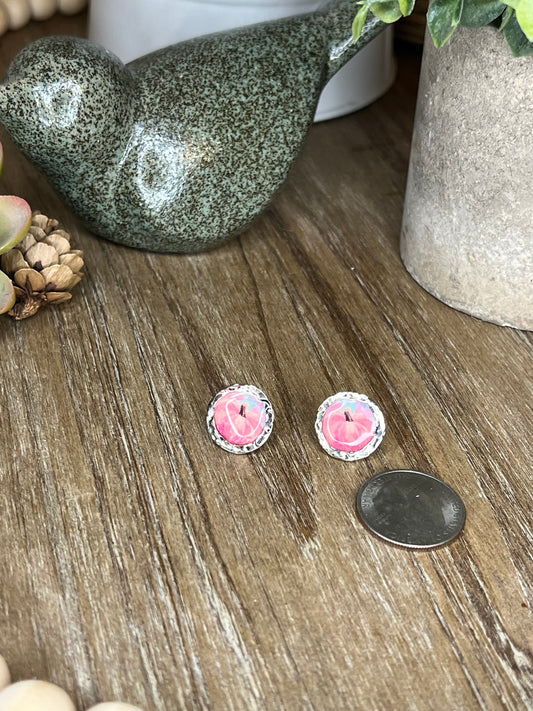 Pumpkin Stud Earrings in Embedded Hammered Silver Bezel