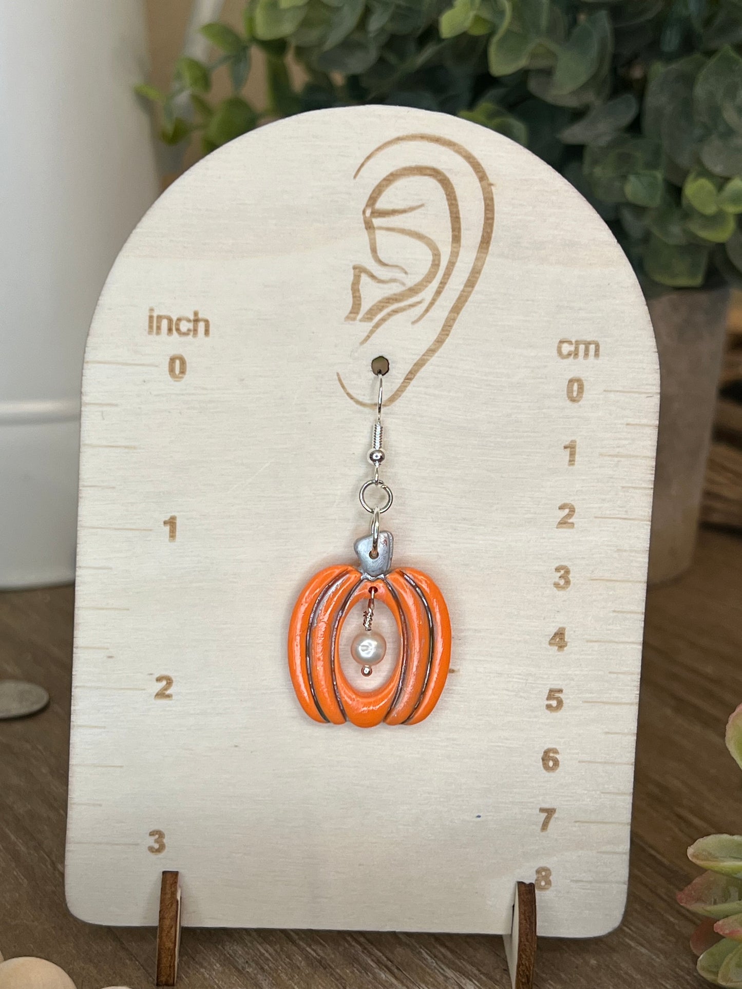 Silver Accented Orange Pumpkin with Pearl Dangle Earrings