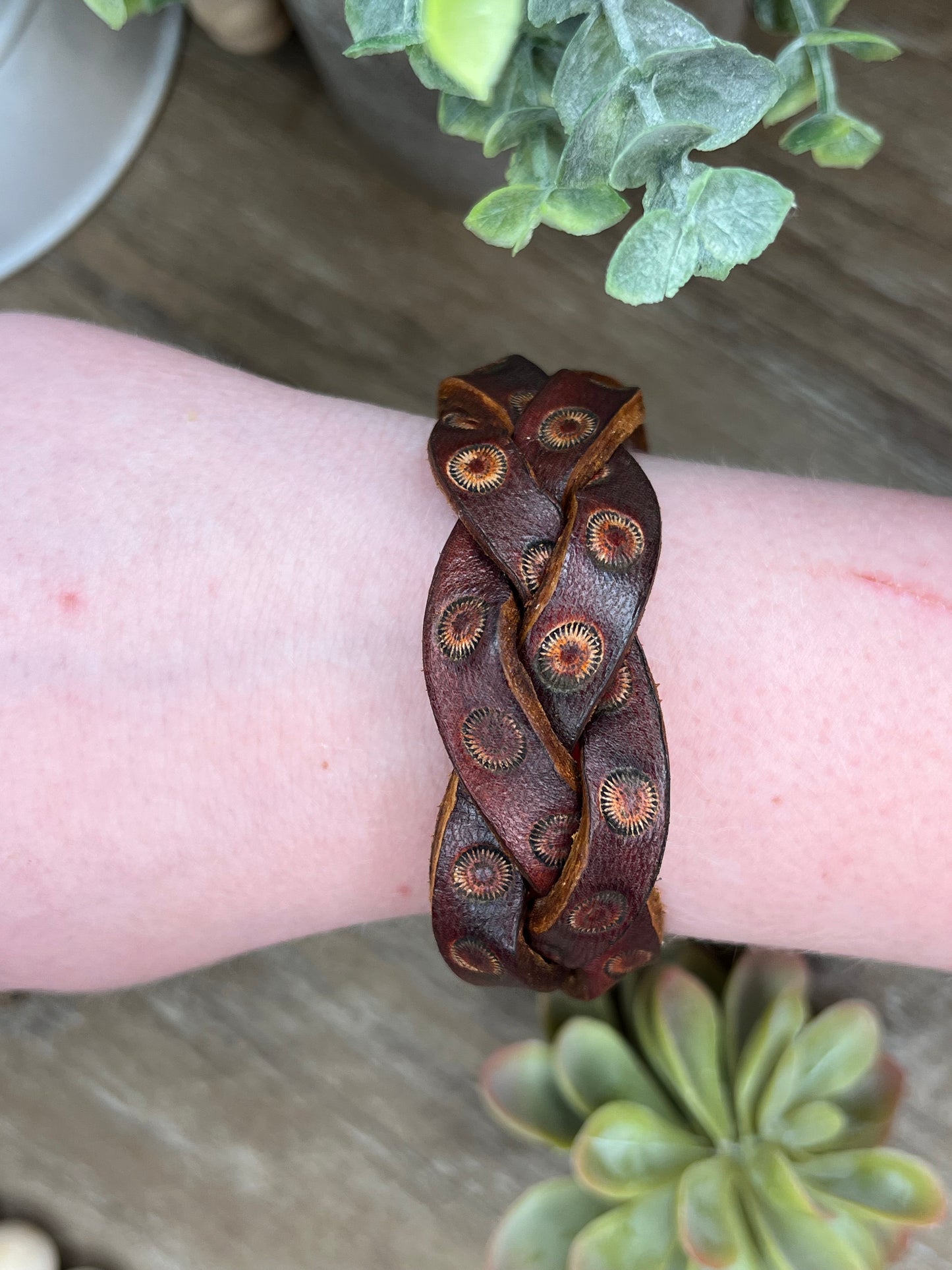 Genuine Leather 1 inch inch Lighter Brown Braided Bracelet