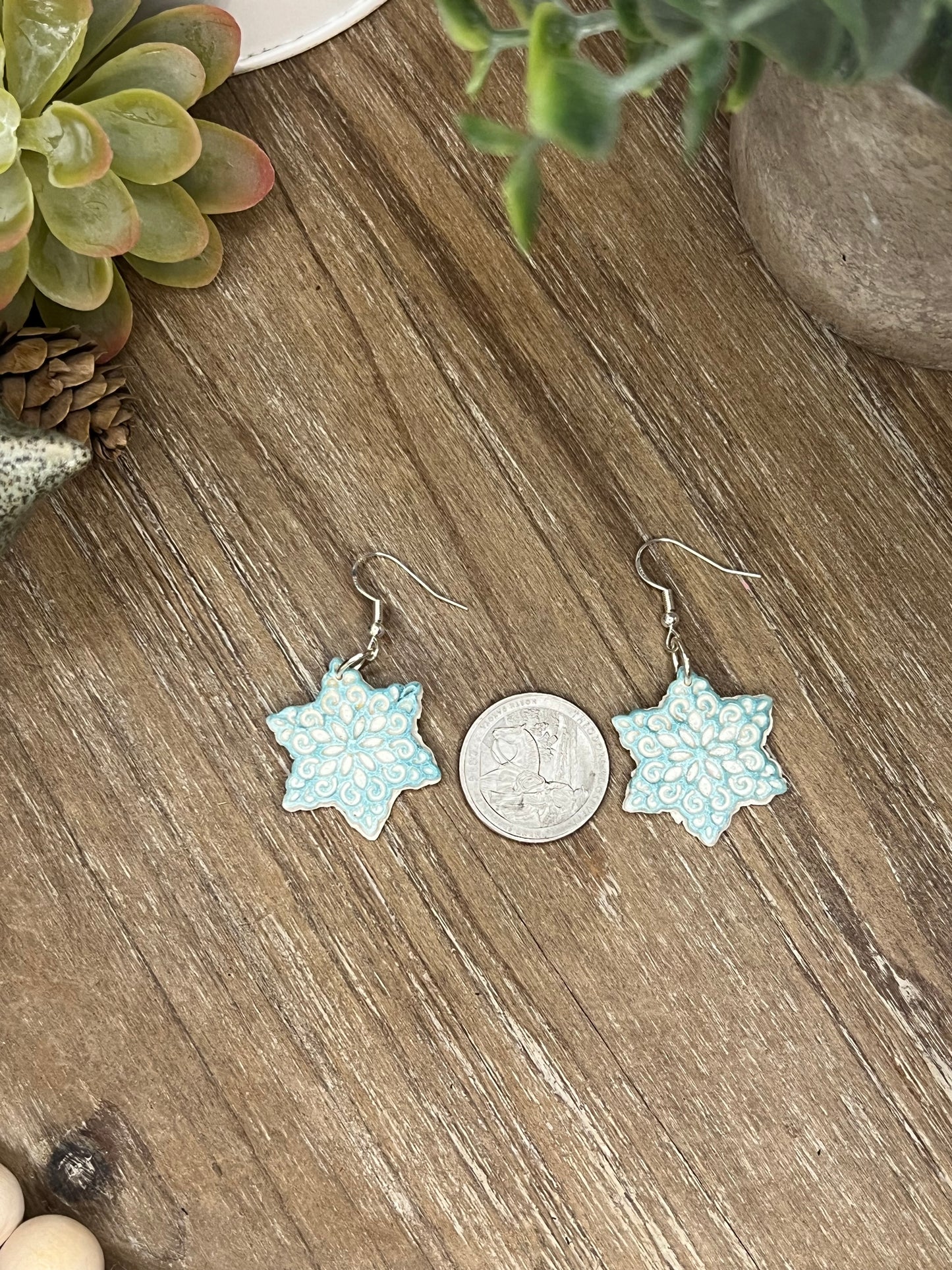 White and Blue-Turquoise Snowflake Dangle Earrings