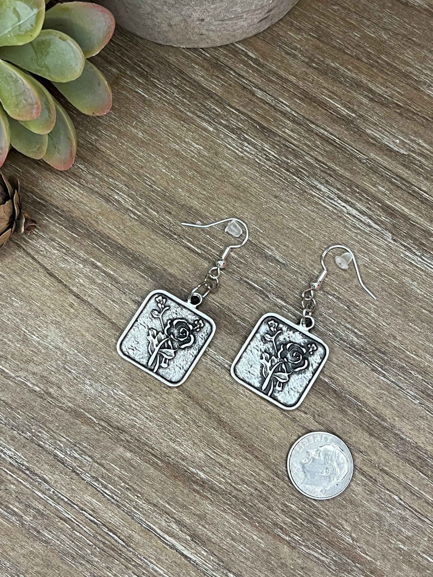 Silver Rose Hook Earrings