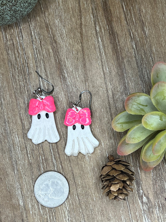 Pink Bow and White Ghost Earrings