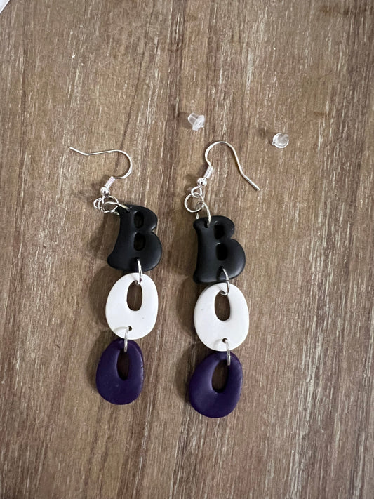 Purple, Black, and White BOO Dangle Earrings