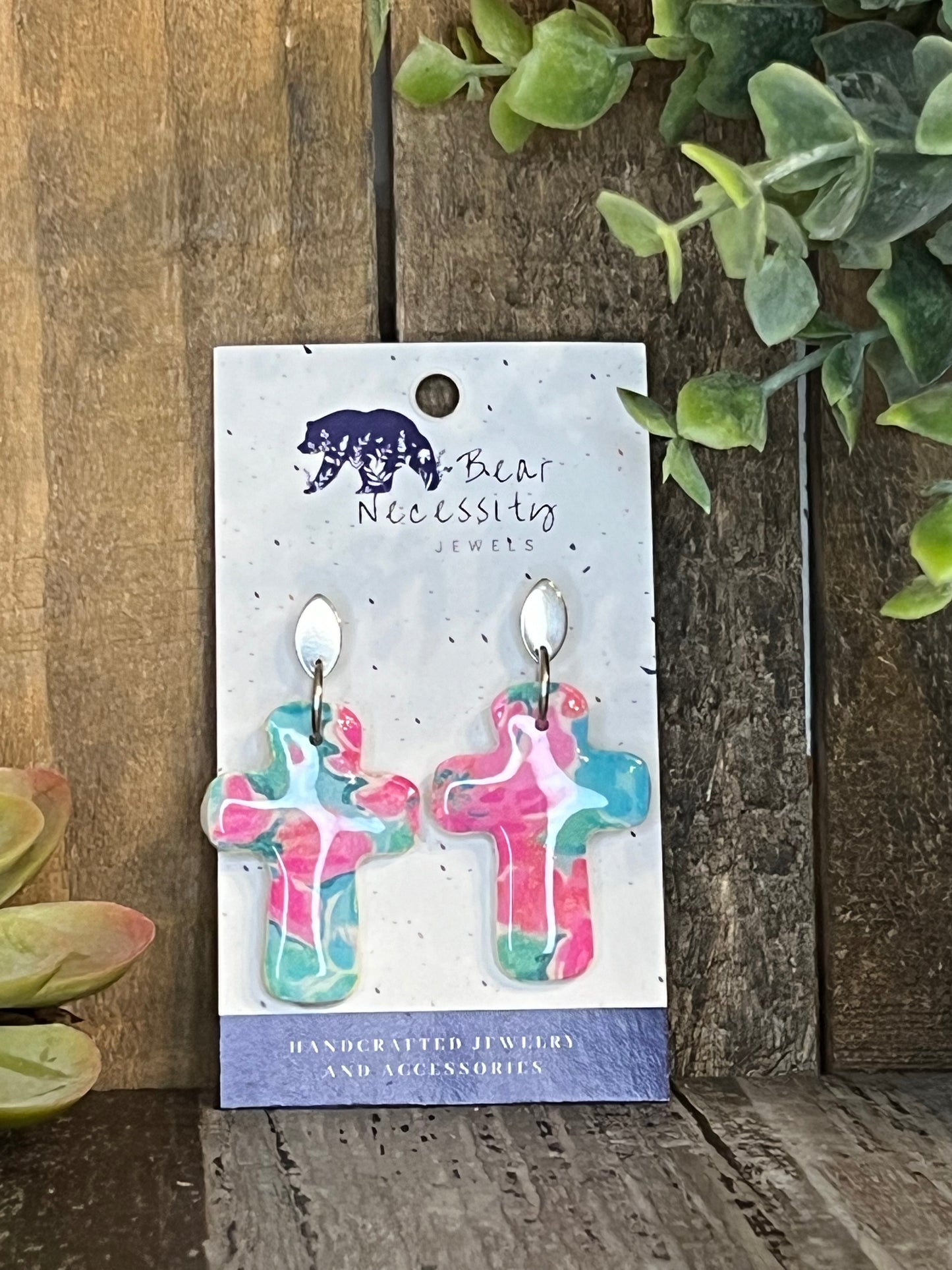 Pink, Blue, and Green Dangle Cross Earrings