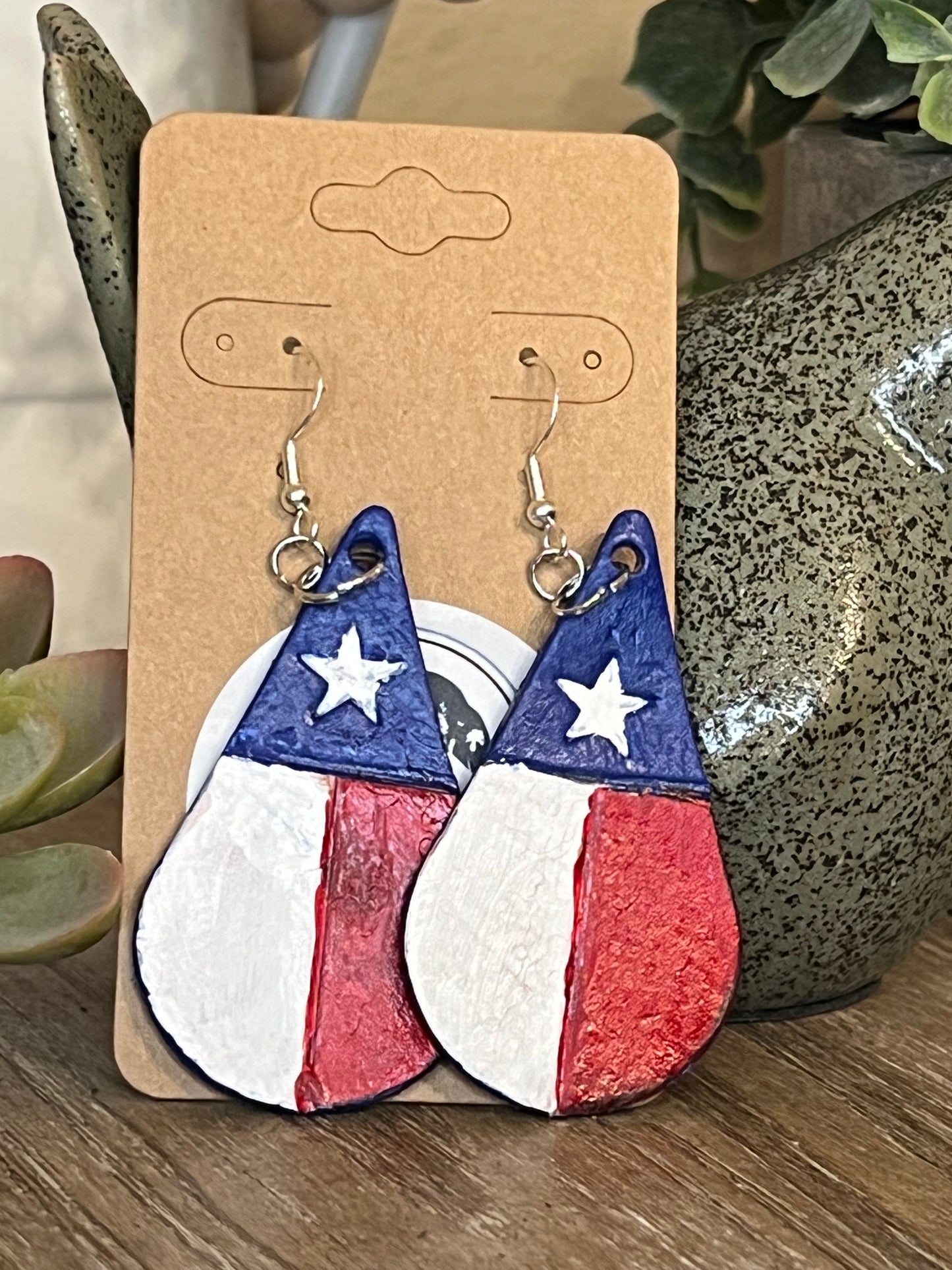 Genuine Leather Hand Painted Texas Star Dangle Earring