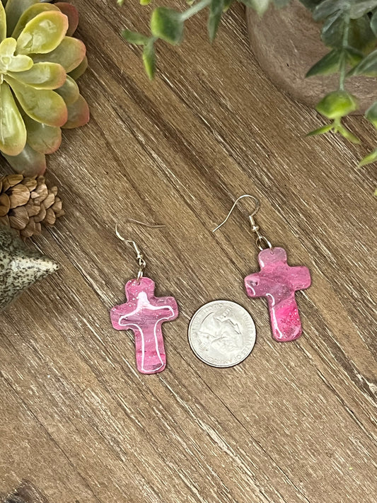 Pink and Silver Marbled Cross Earrings