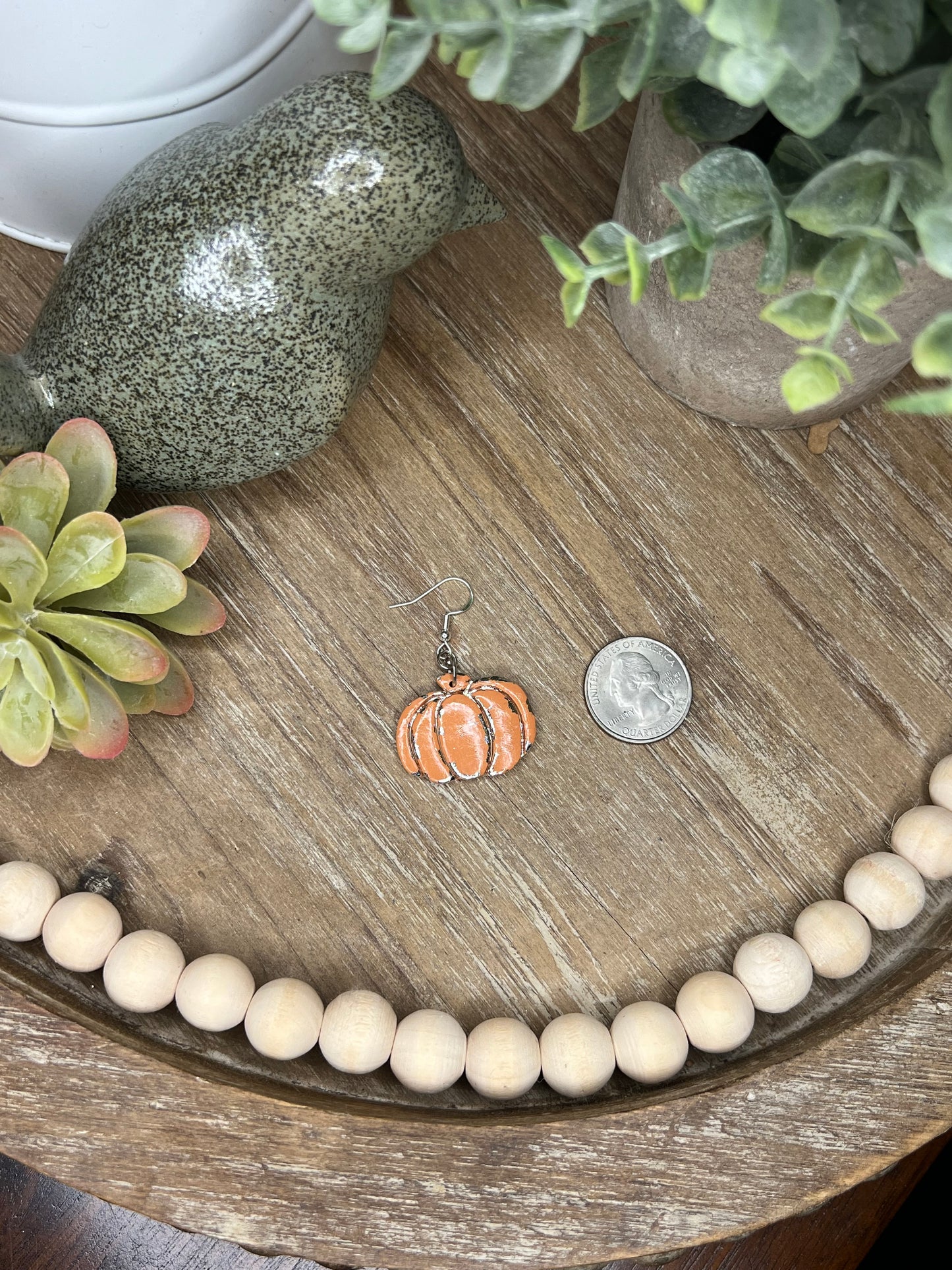 Large Silver Embossed Orange Pumpkin Earrings