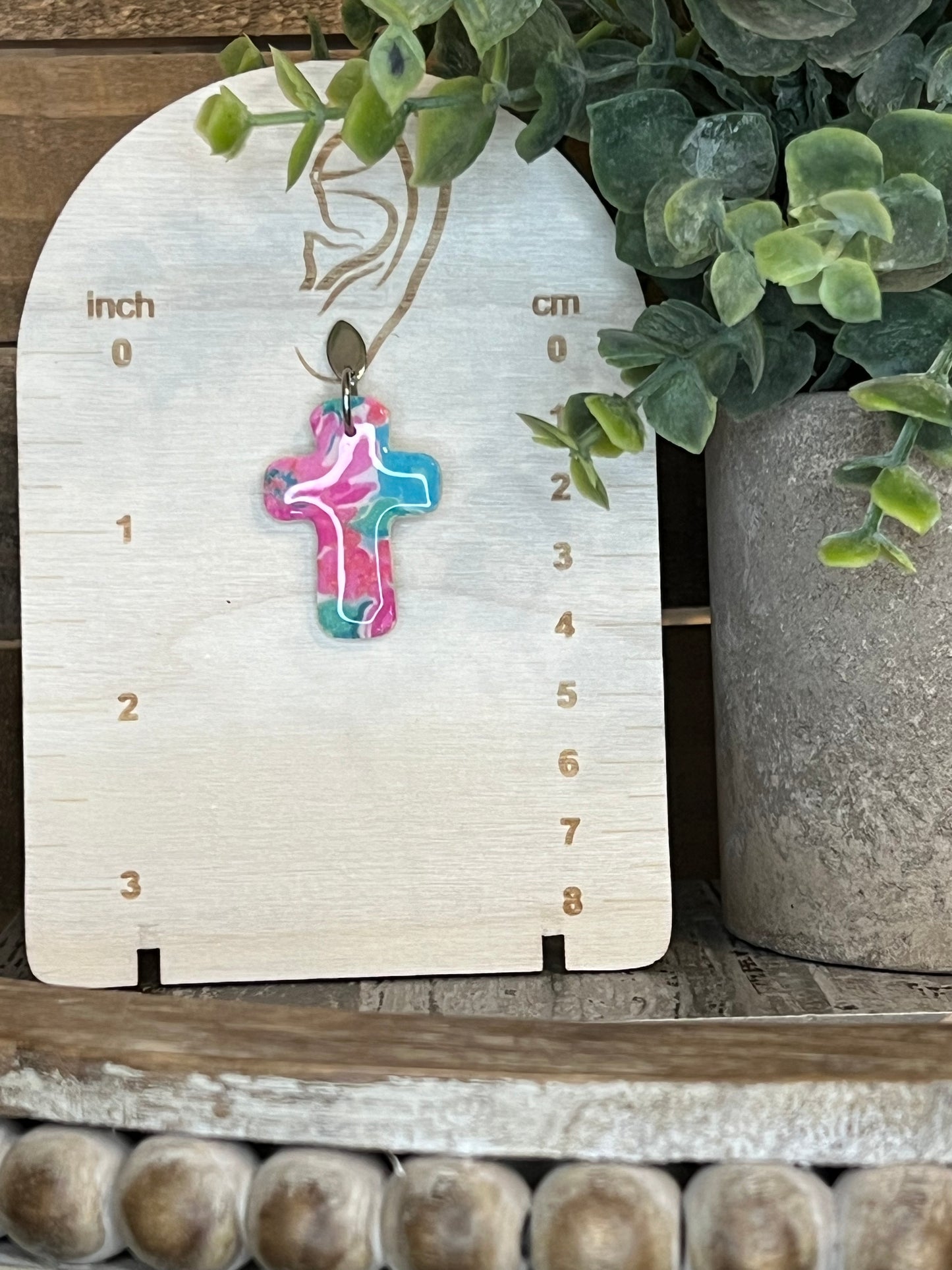 Pink, Blue, and Green Dangle Cross Earrings