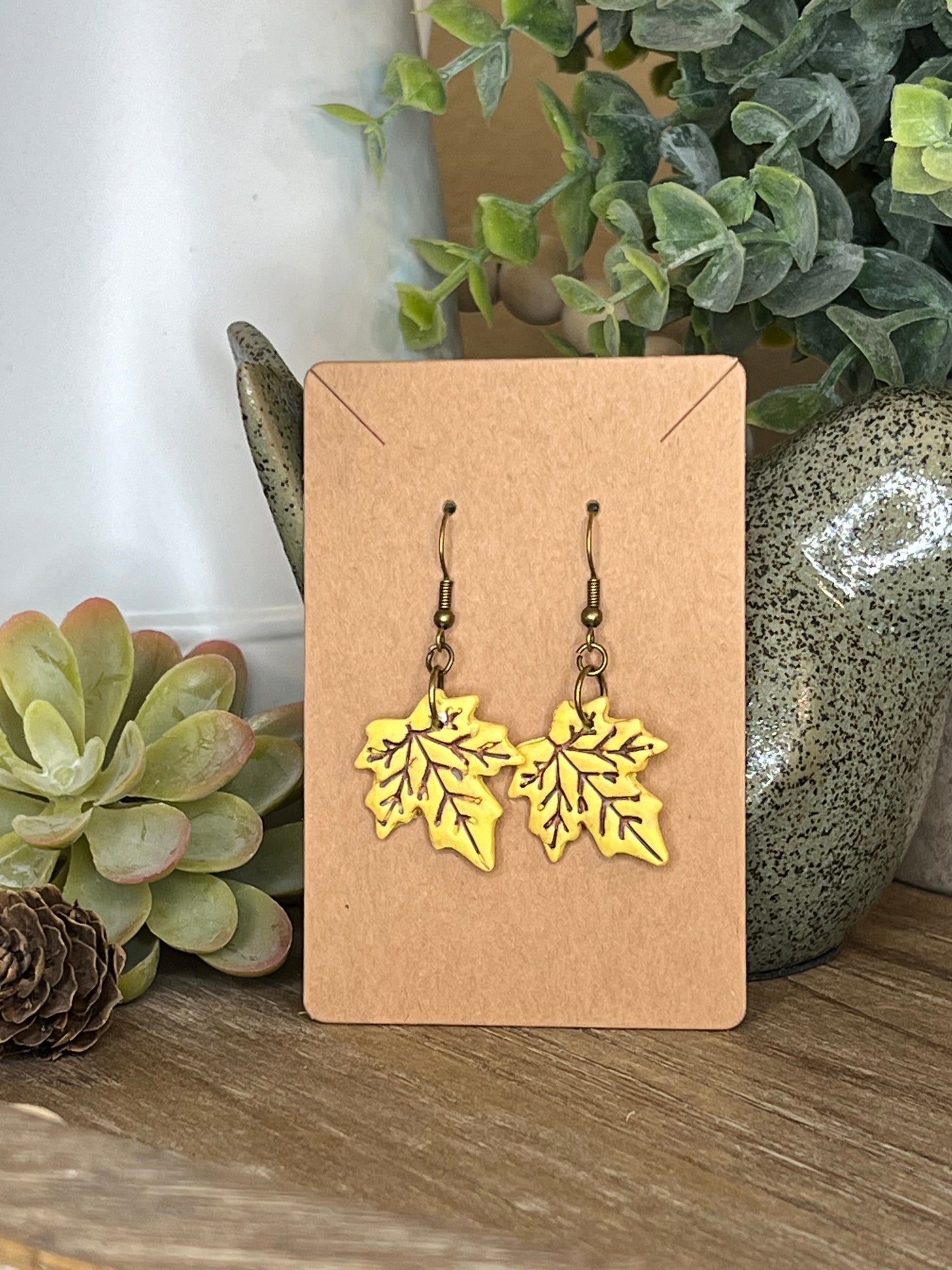 Bronze Medium Yellow Fall Leaf Dangle Earrings