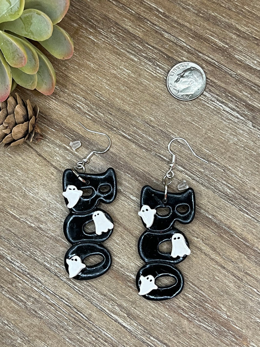 Black BOO Dangle Earrings with Ghost Accents