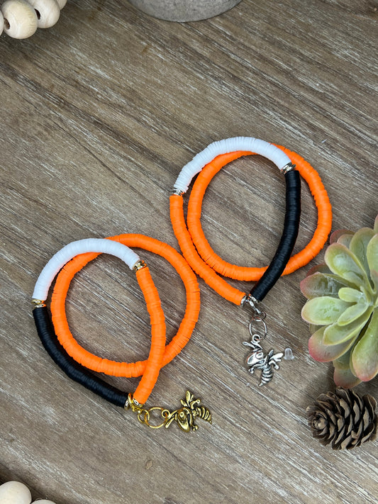 Orange, Black, and White Heishe Bracelet Set with Yellowjacket Charm