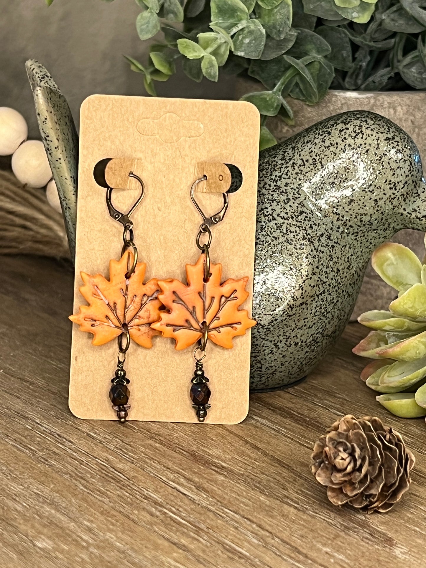 Bronze Large Orange Fall Leaf Dangle Earrings