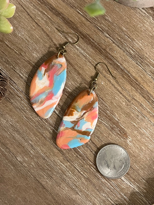 Marbled Pink, Blue, White, and Bronze Dangle Earrings