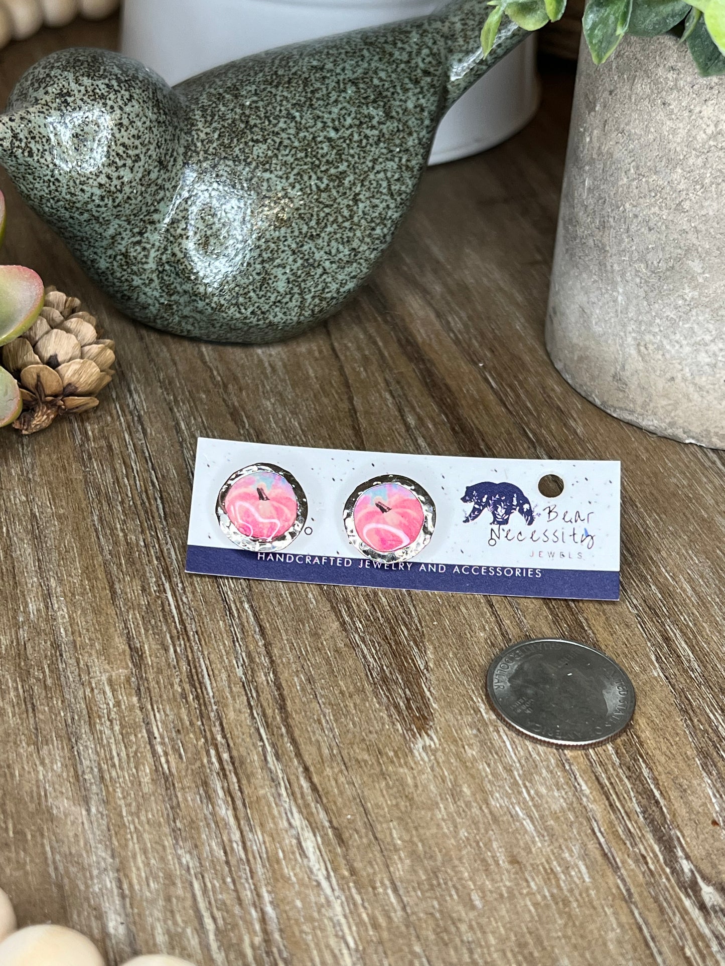 Pumpkin Stud Earrings in Embedded Hammered Silver Bezel