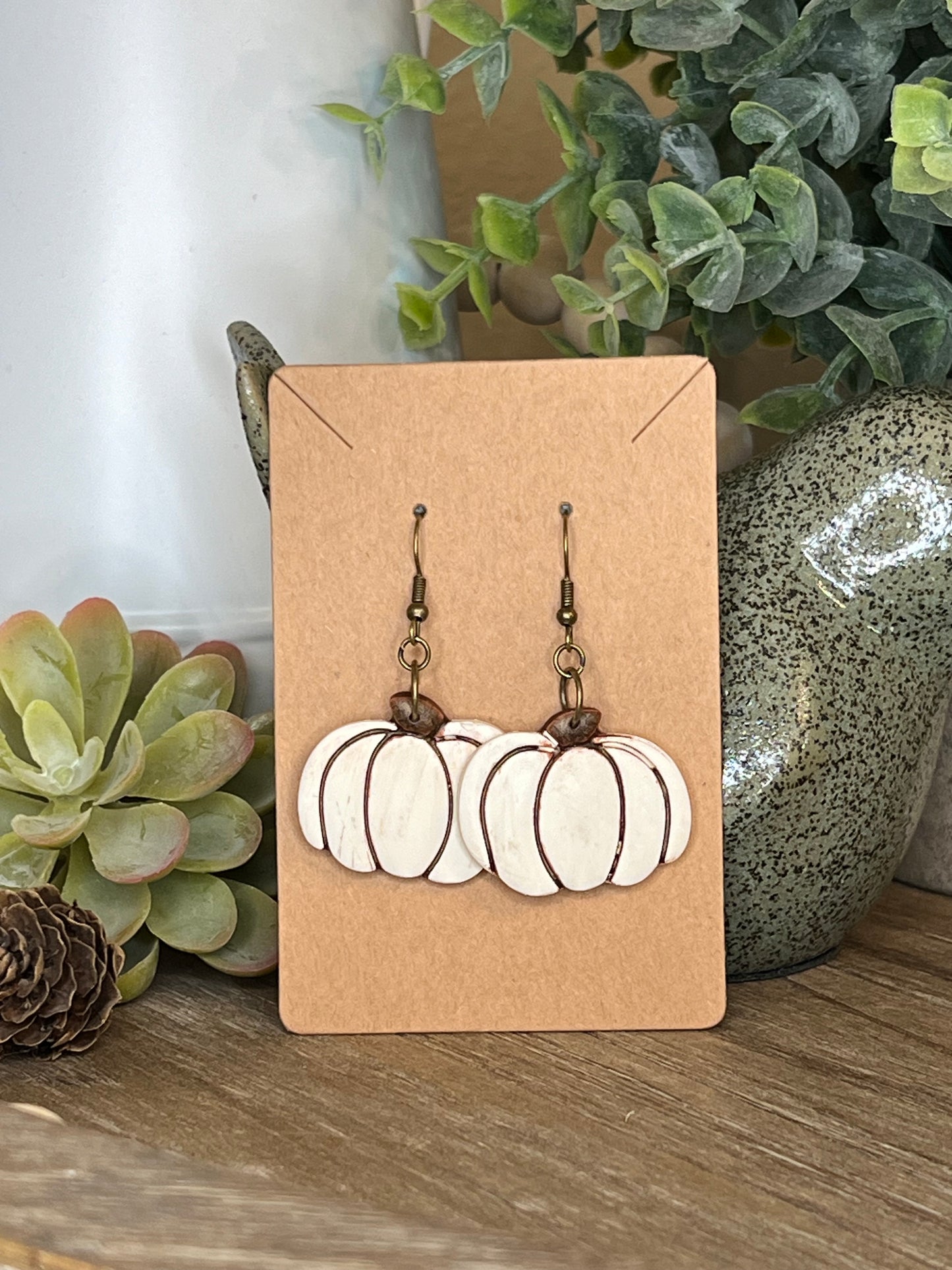 Bronze Accented White Round Pumpkin Hook Earrings