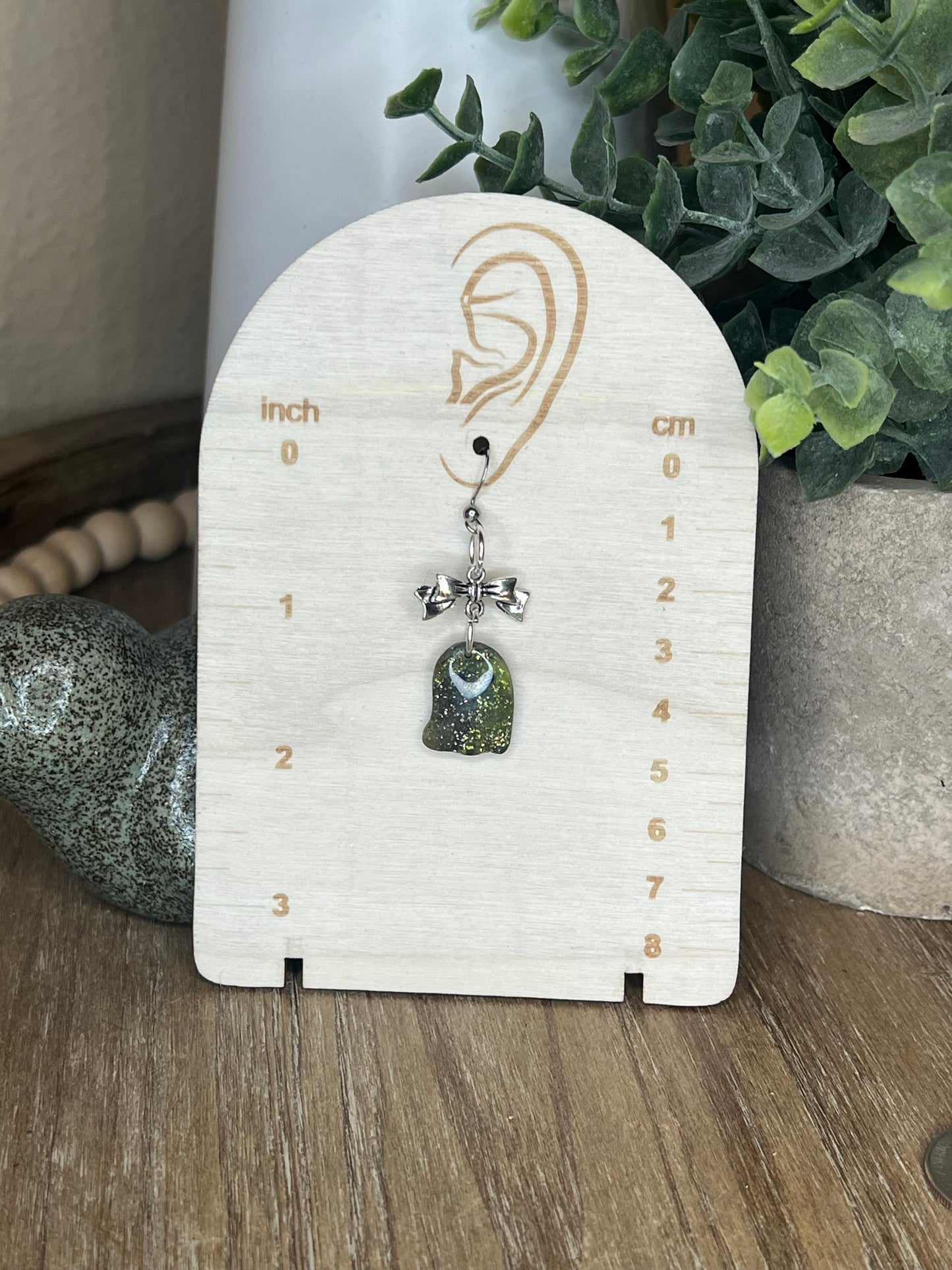 Green and Black Ghost with Silver  Bow Dangle Earrings