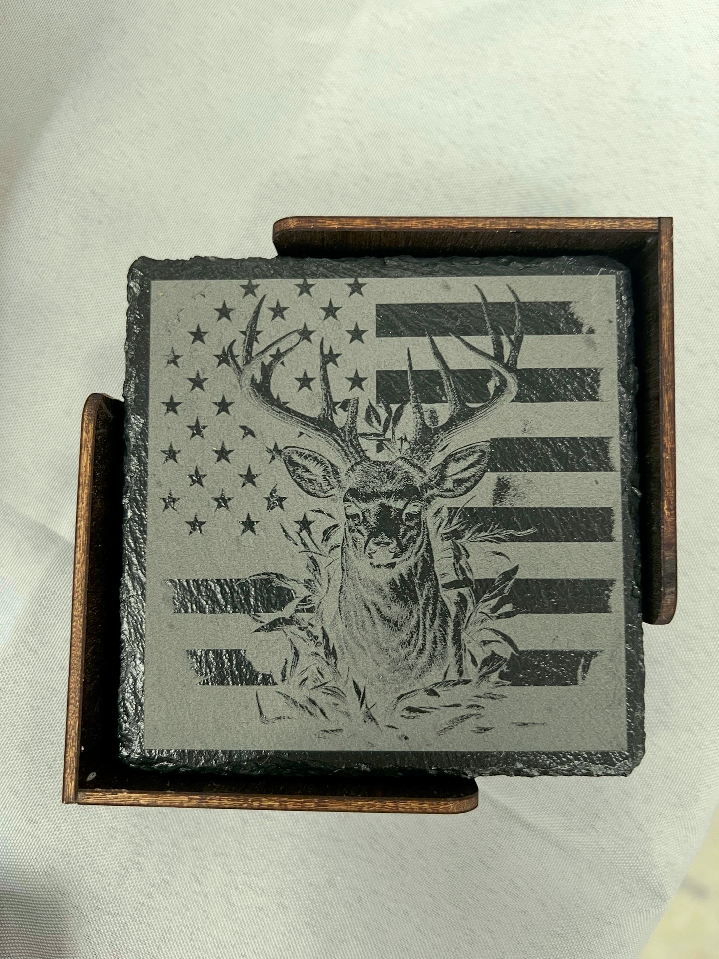 Deer Flag Coaster Set of 4 with Wood Coaster Holder