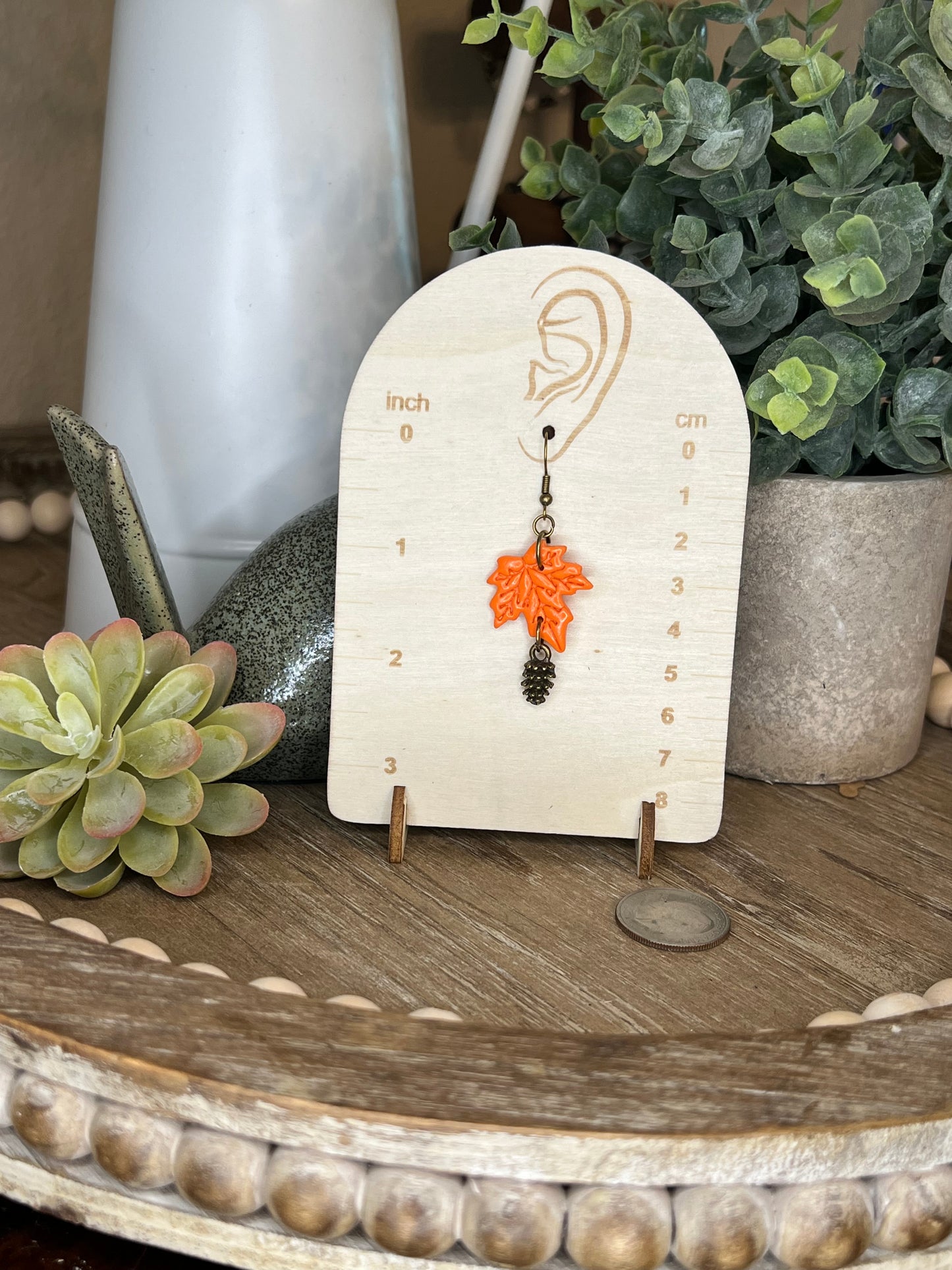 Orange Leaf witb Bronze Pinecone Earrings