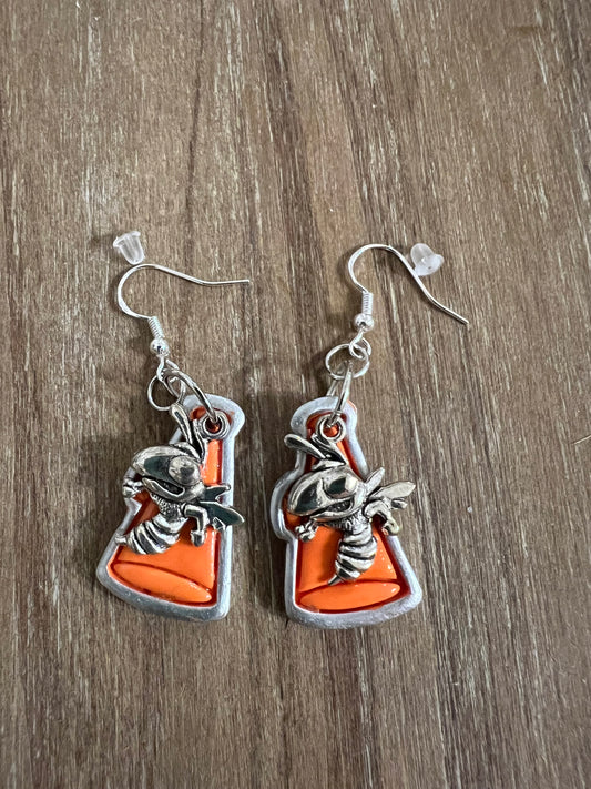 Orange Megaphone with Yellowjacket  Charm Hook Earrings