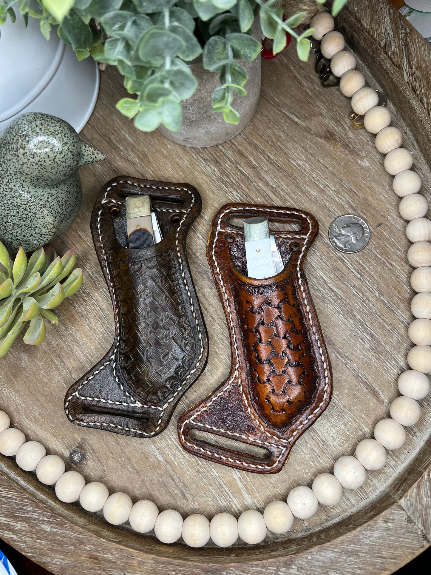 Genuine Leather Hand Tooled and Stitched Pocket Knife Sheath