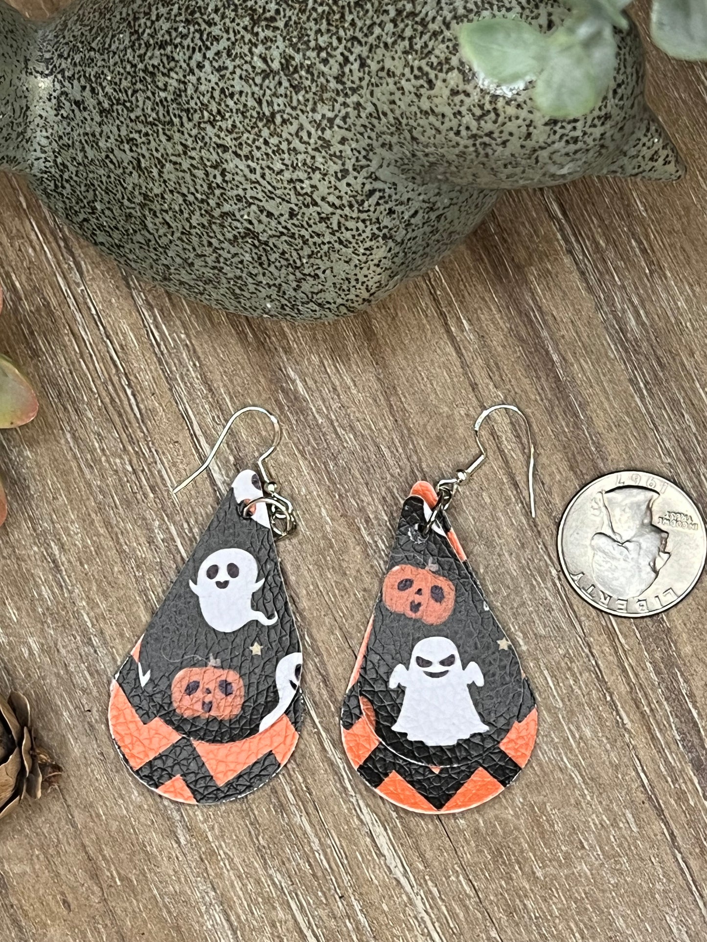 Faux leather/vinyl Halloween Ghost and Jack-O-Lantern Dangle Earrings