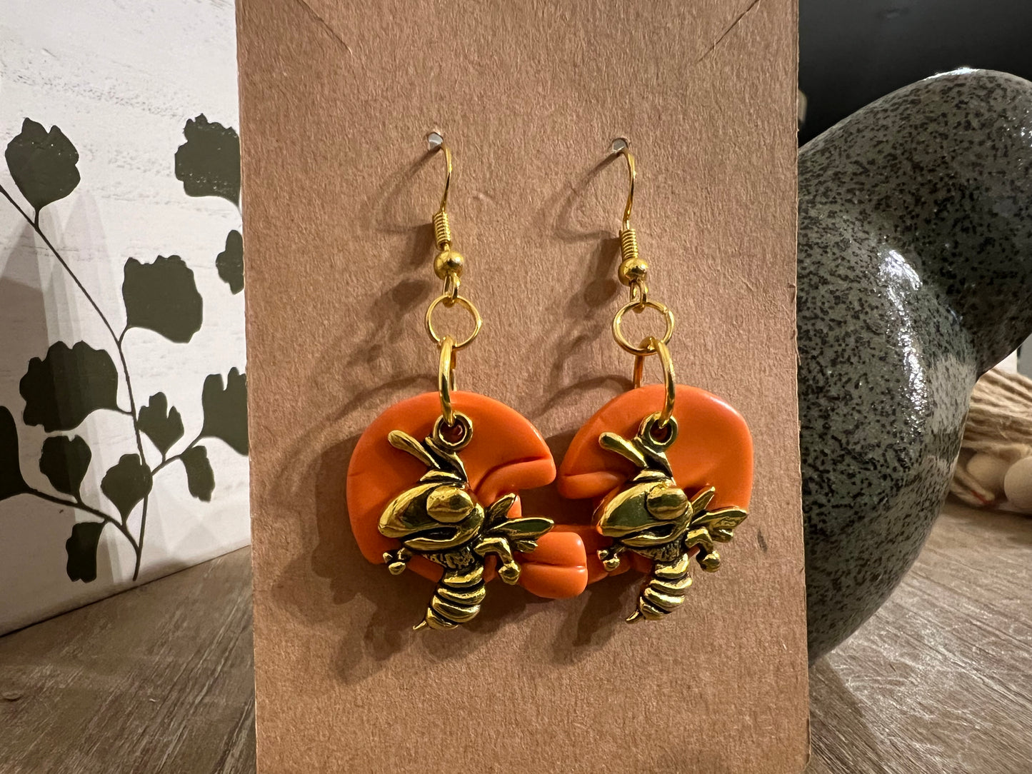 Orange Helmet with Yellowjacket Charm Hook Earrings