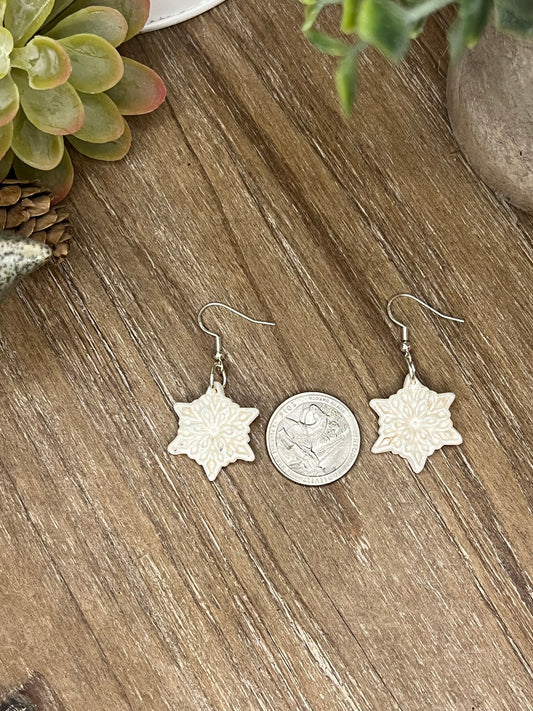 White with Slight Silver Accents Snowflake Dangle Earrings