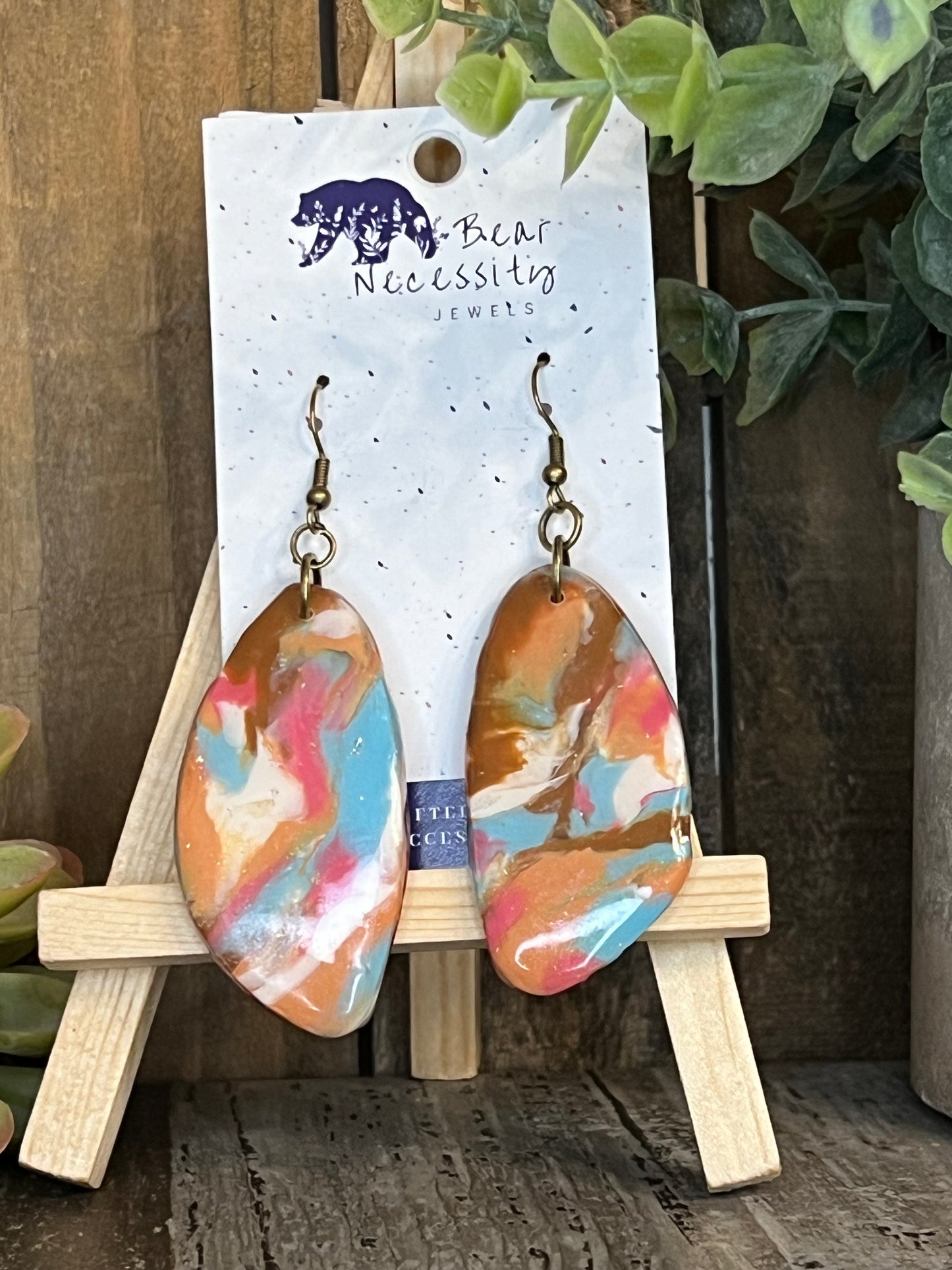 Marbled Pink, Blue, White, and Bronze Dangle Earrings