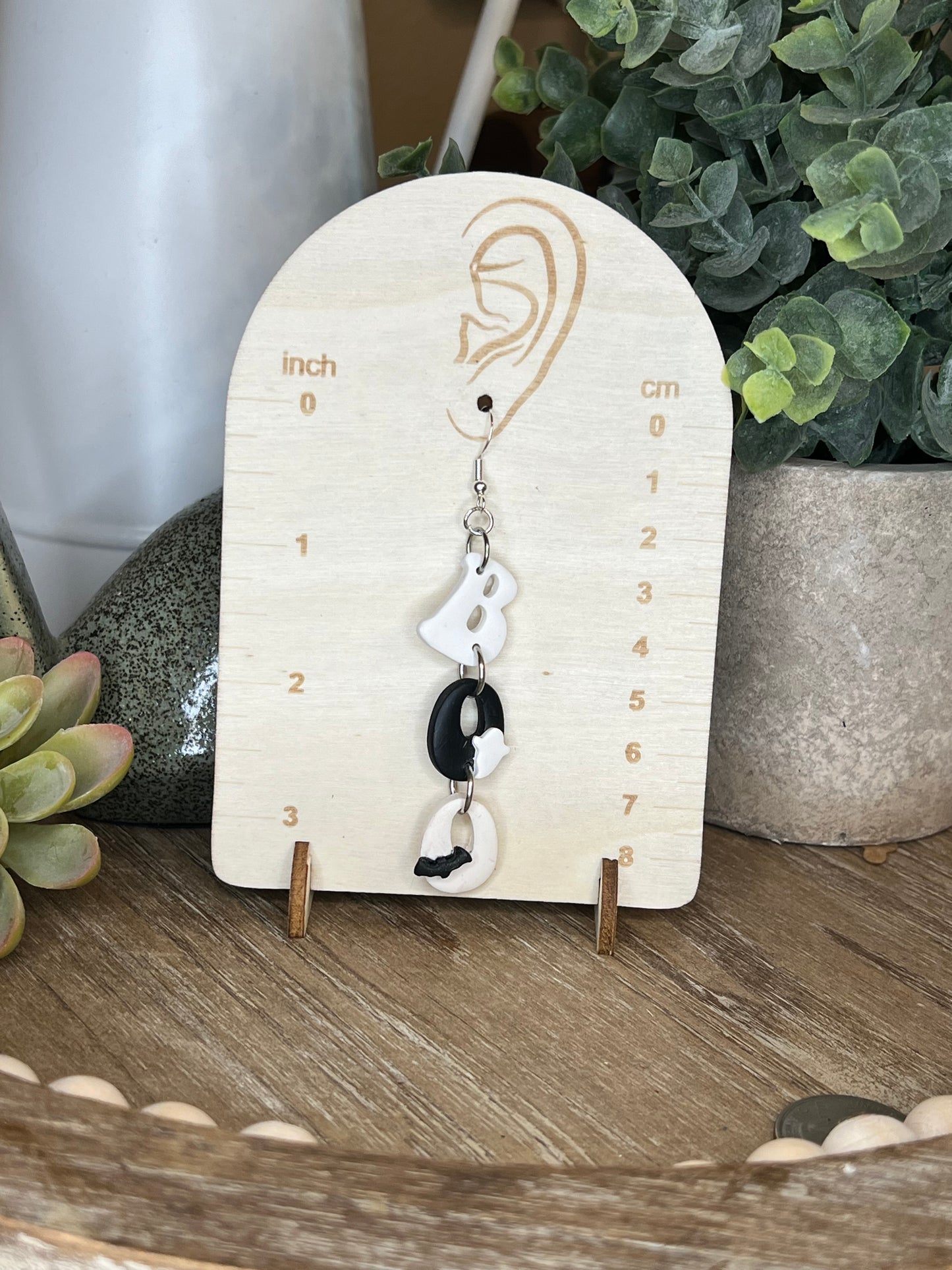 Black and White BOO Dangle Earrings wuth Ghosts and Bat Accents