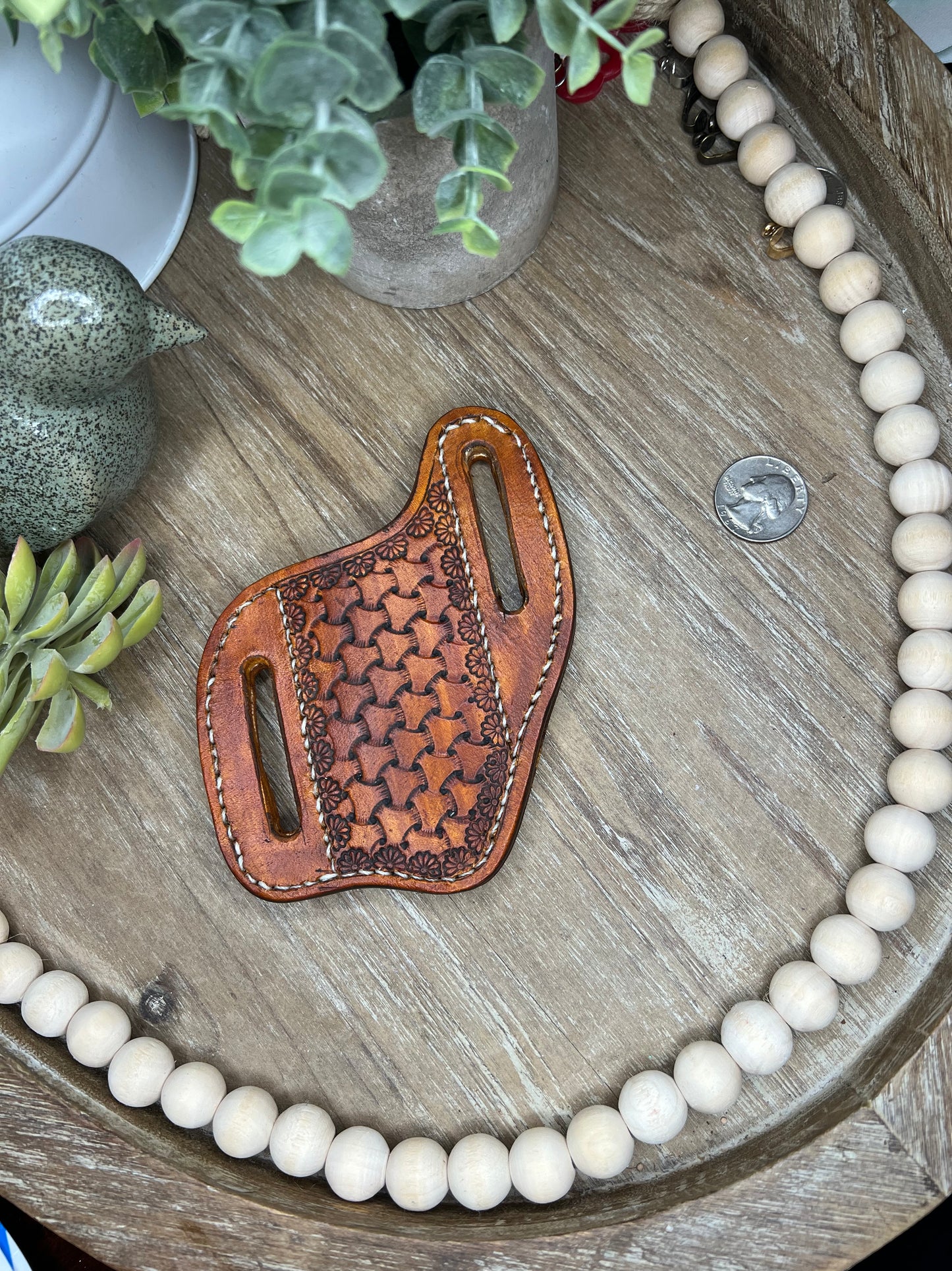 Genuine Leather Hand Tooled and Stitched Upright Pocket Knife Sheath