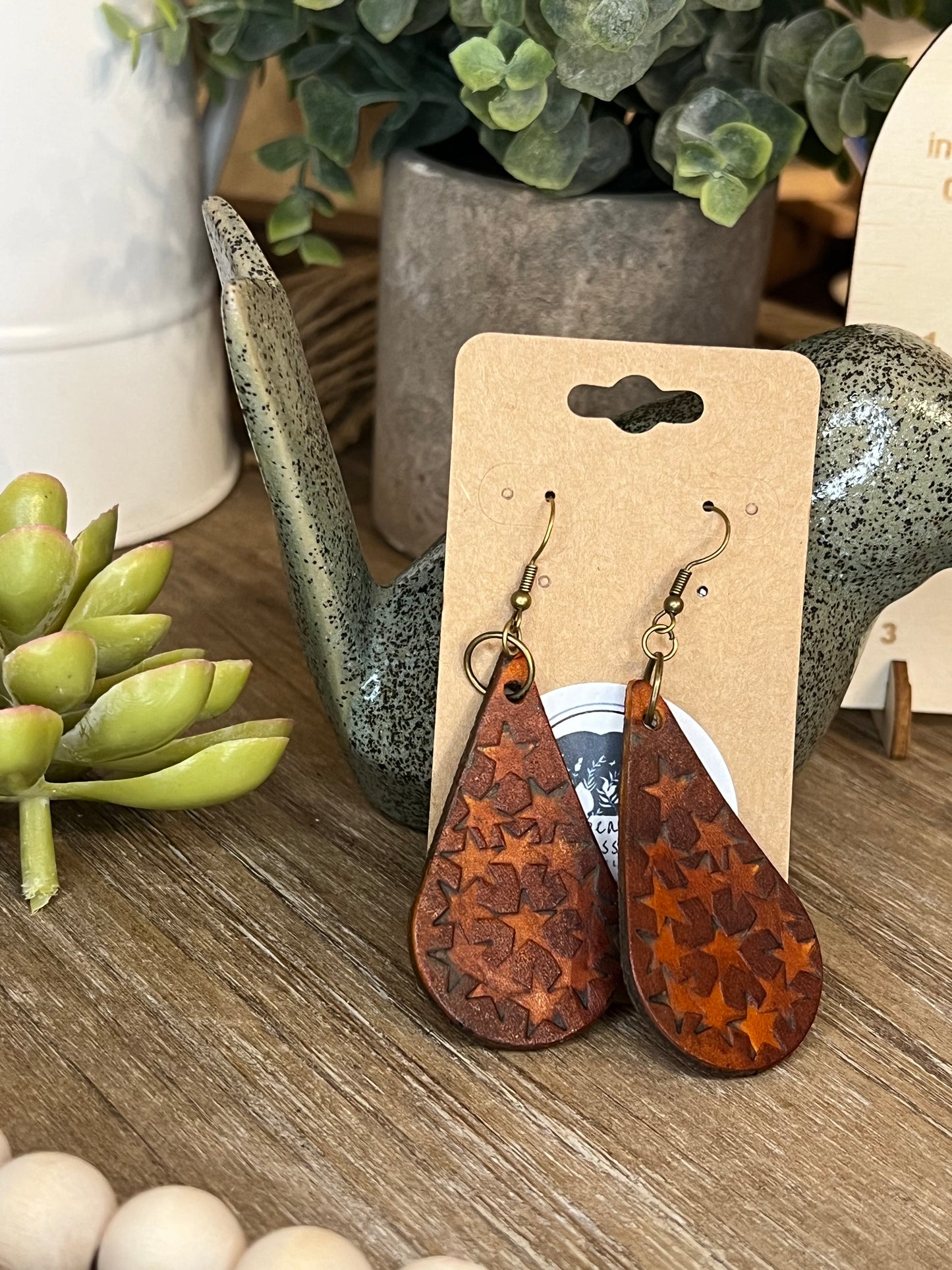 Genuine Leather Hand Tooled Star Tear Drop Shaped Dangle Earring