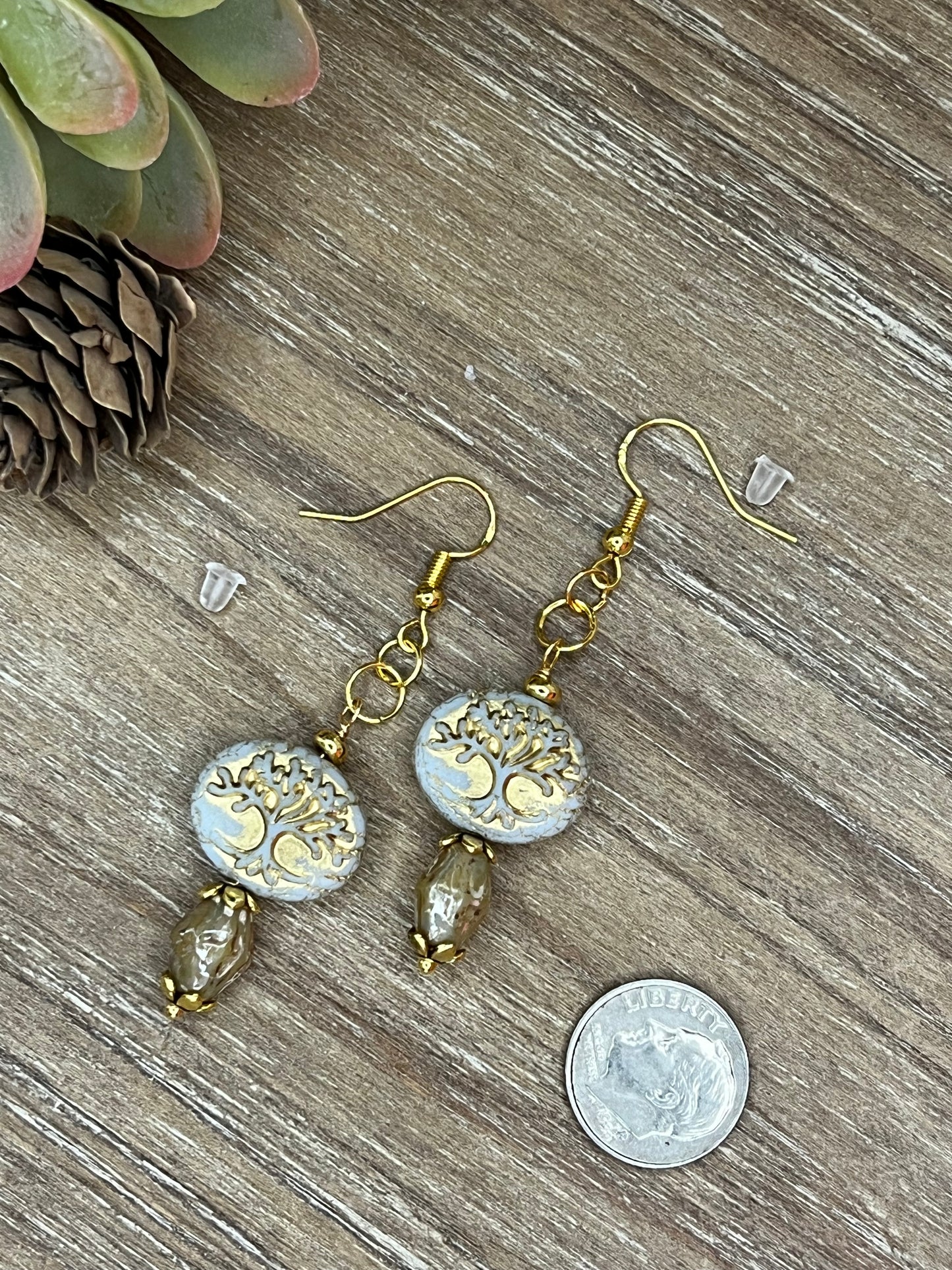 Ivory and Gold Family Tree Czech Glass Bead Earring