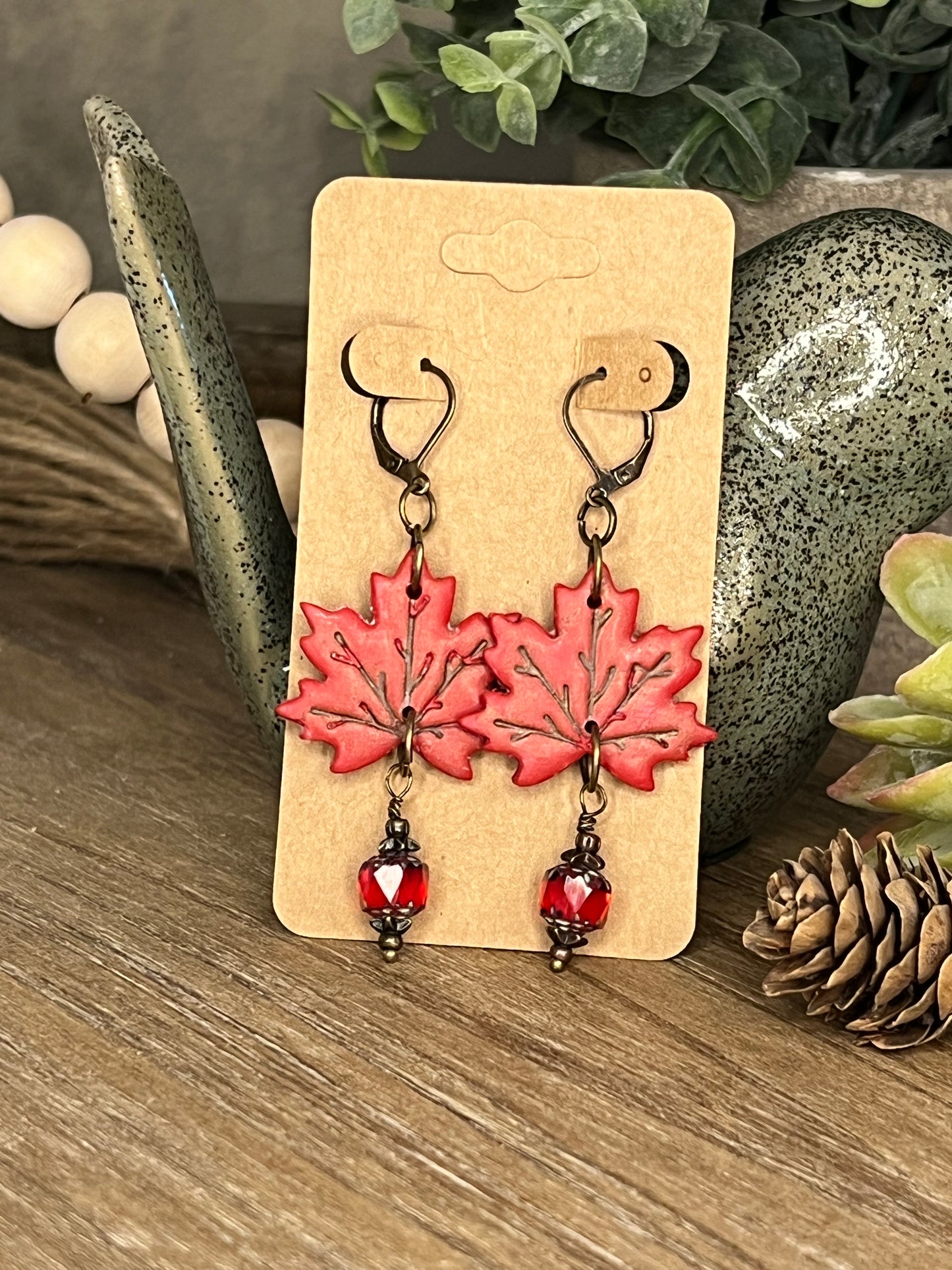 Bronze Large Dark Red Fall Leaf Dangle Earrings