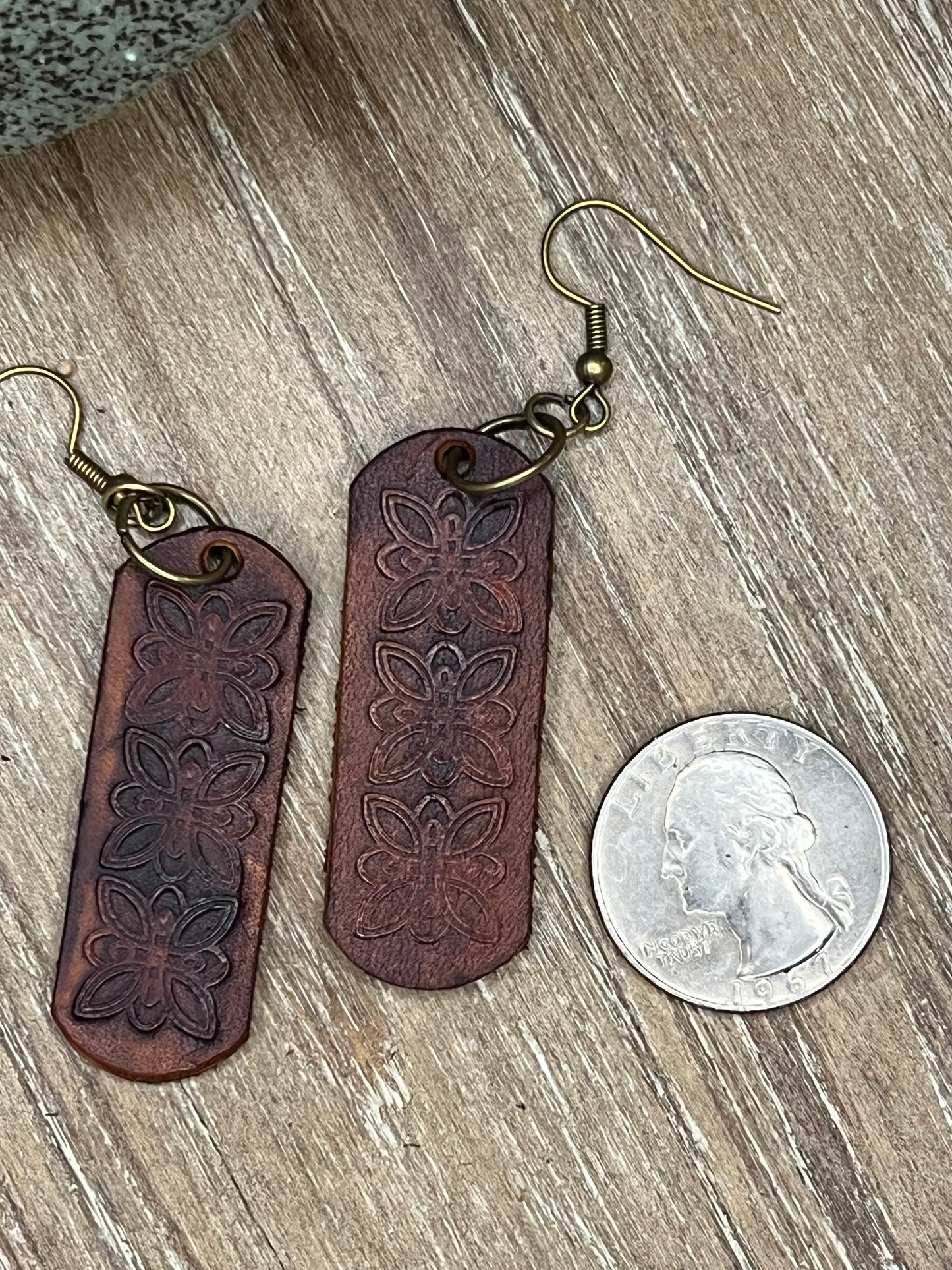 Genuine Leather Hand Tooled Butterfly Bar Dangle Earring