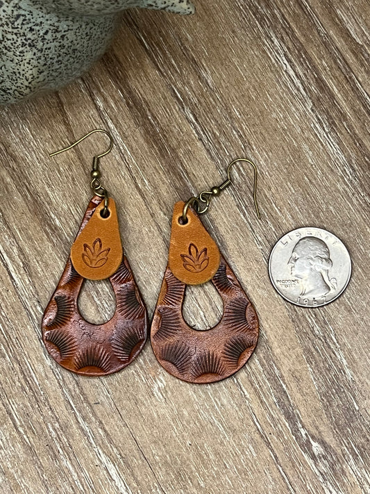 Genuine Leather Hand Tooled Tear Drop Shaped Dark Brown Dangle Earring