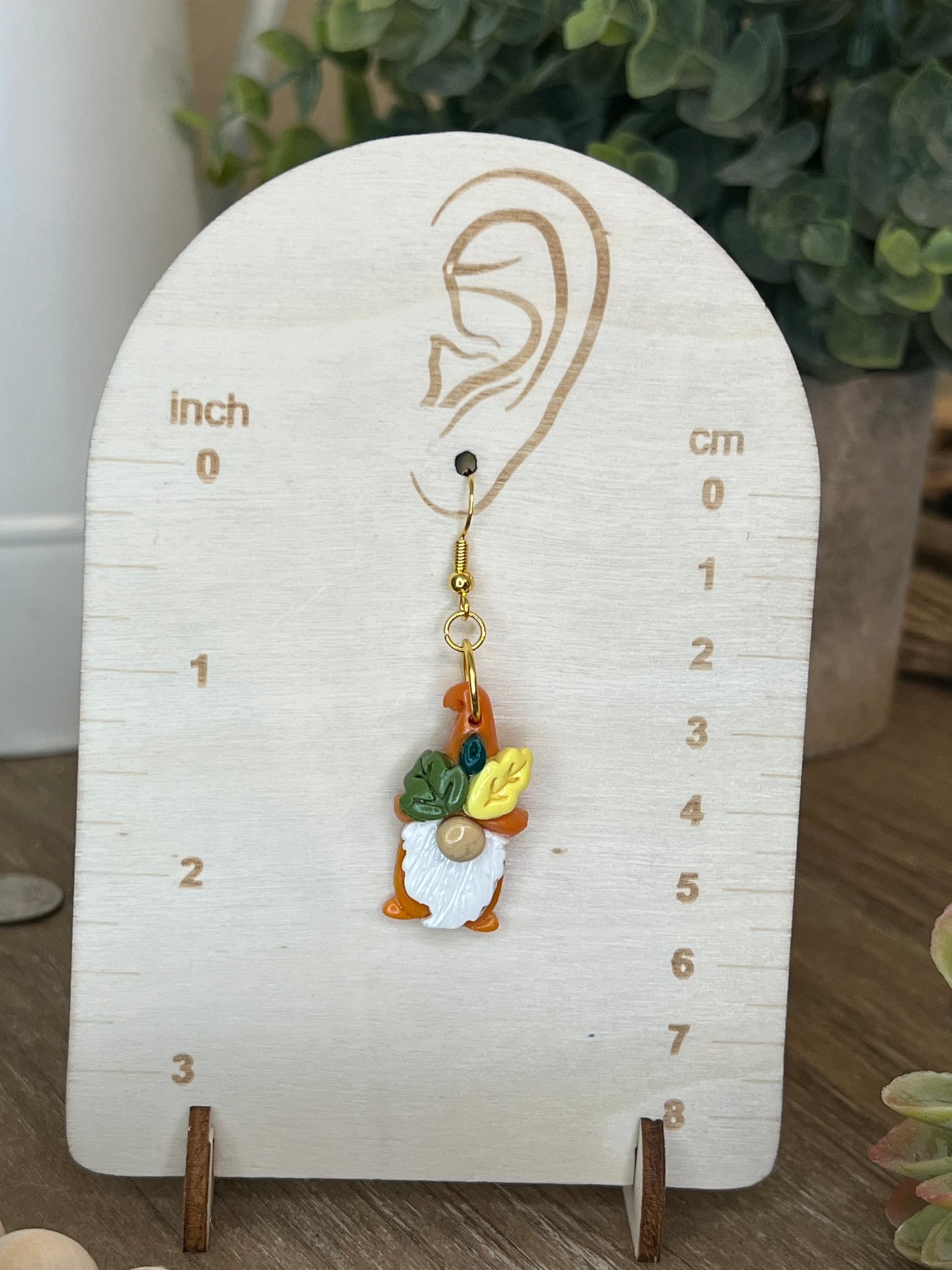 Fall Leaf Gnome Dangle Earrings - Olive