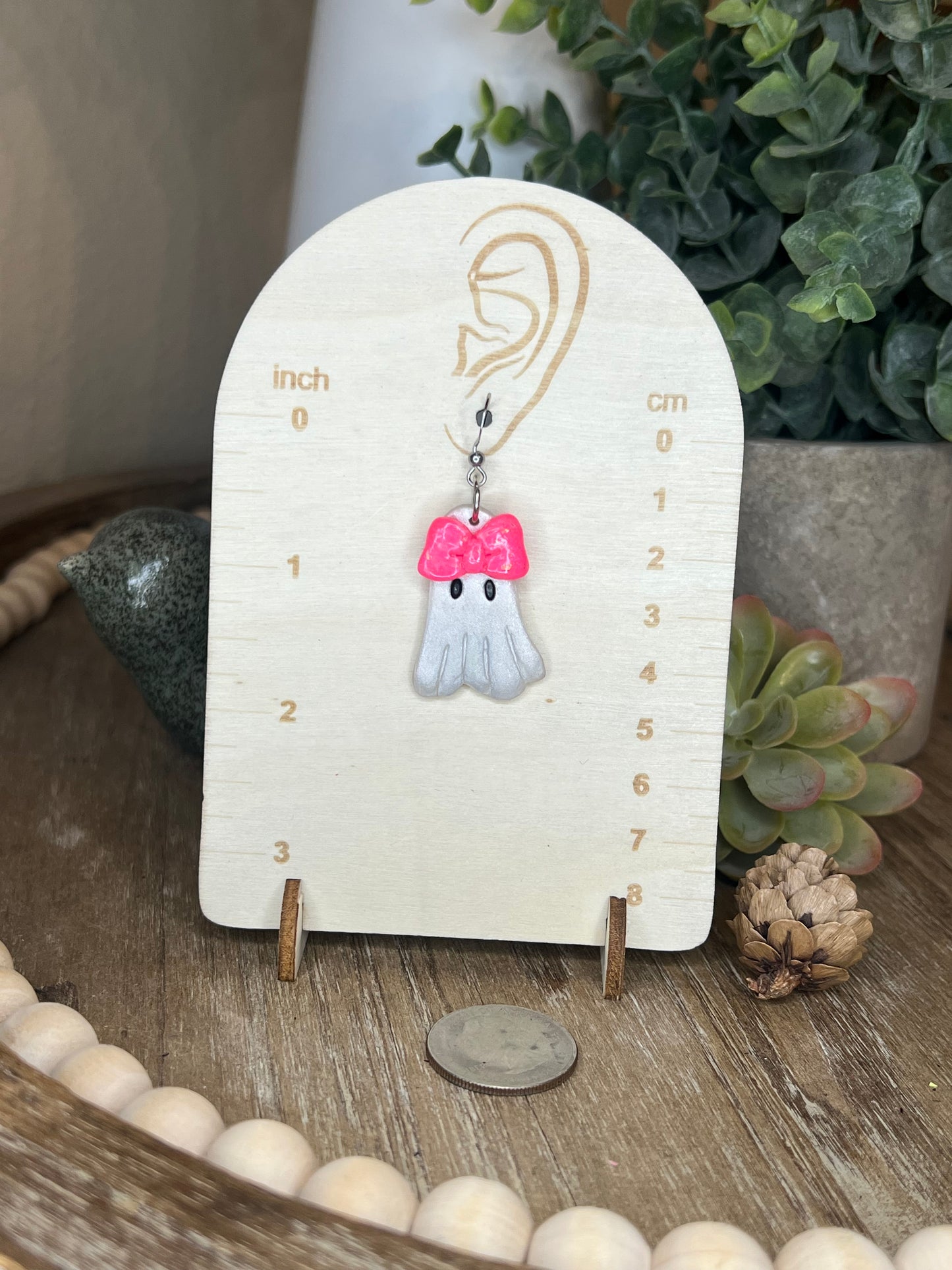 Pink Bow and White Ghost Earrings