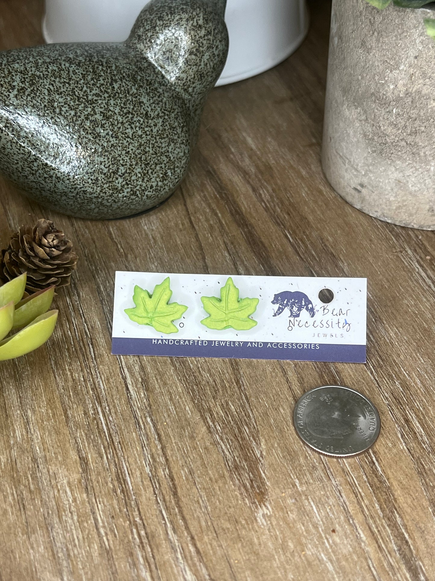 Green Leaf Stud Earrings (Design # 5)