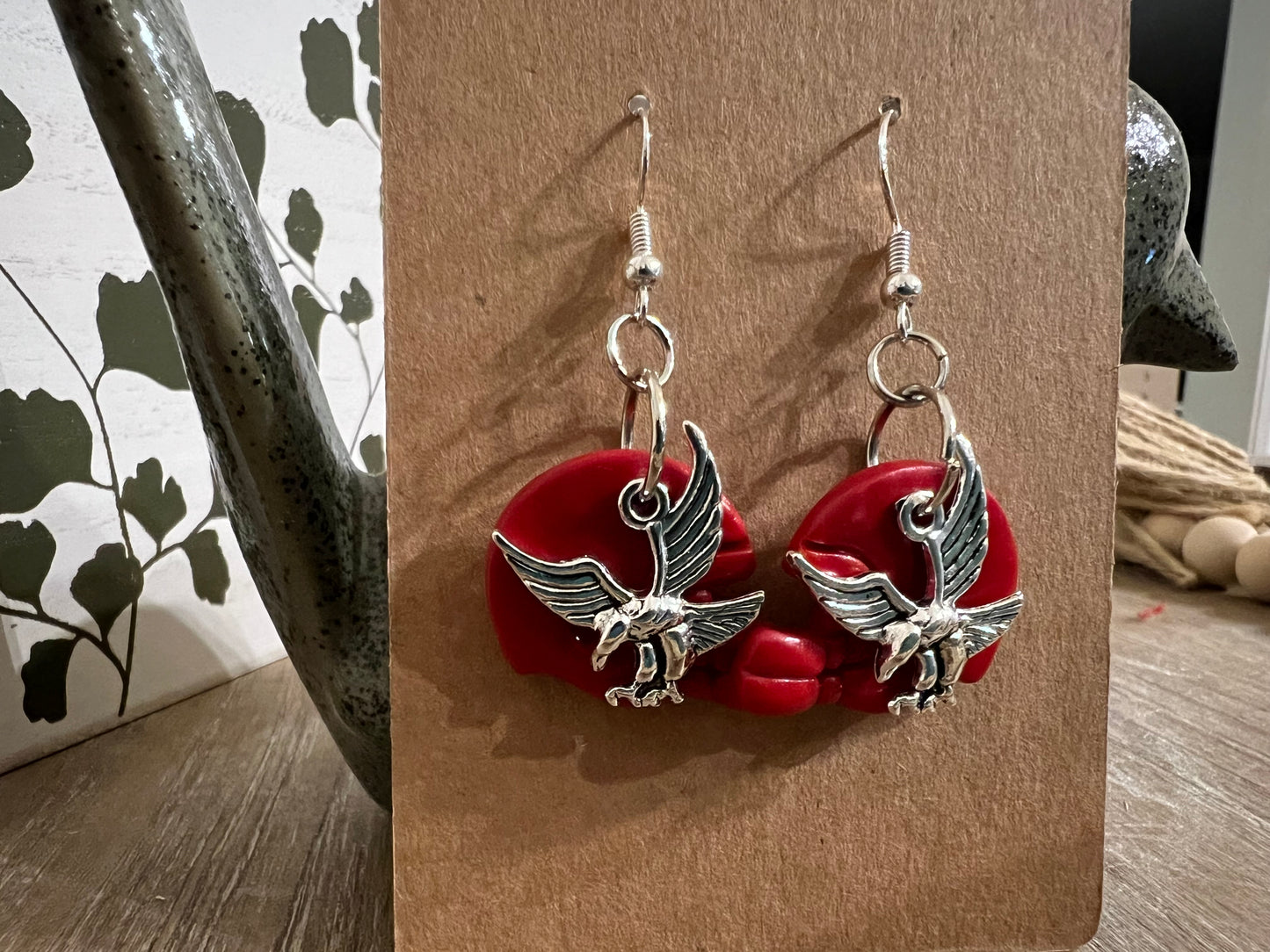 Red Helmet with Hawk Charm Hook Earrings