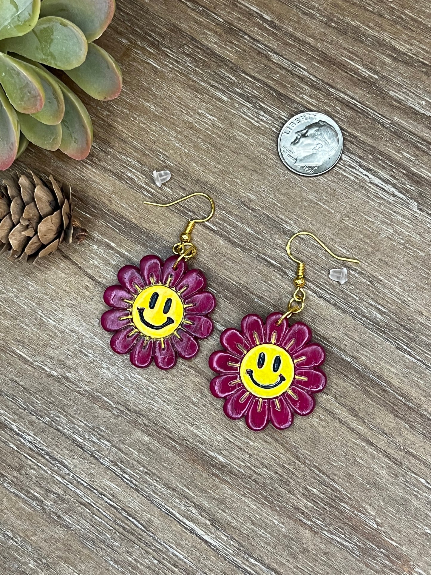 Fuchsia Smiley Face Flower Hook Earrings