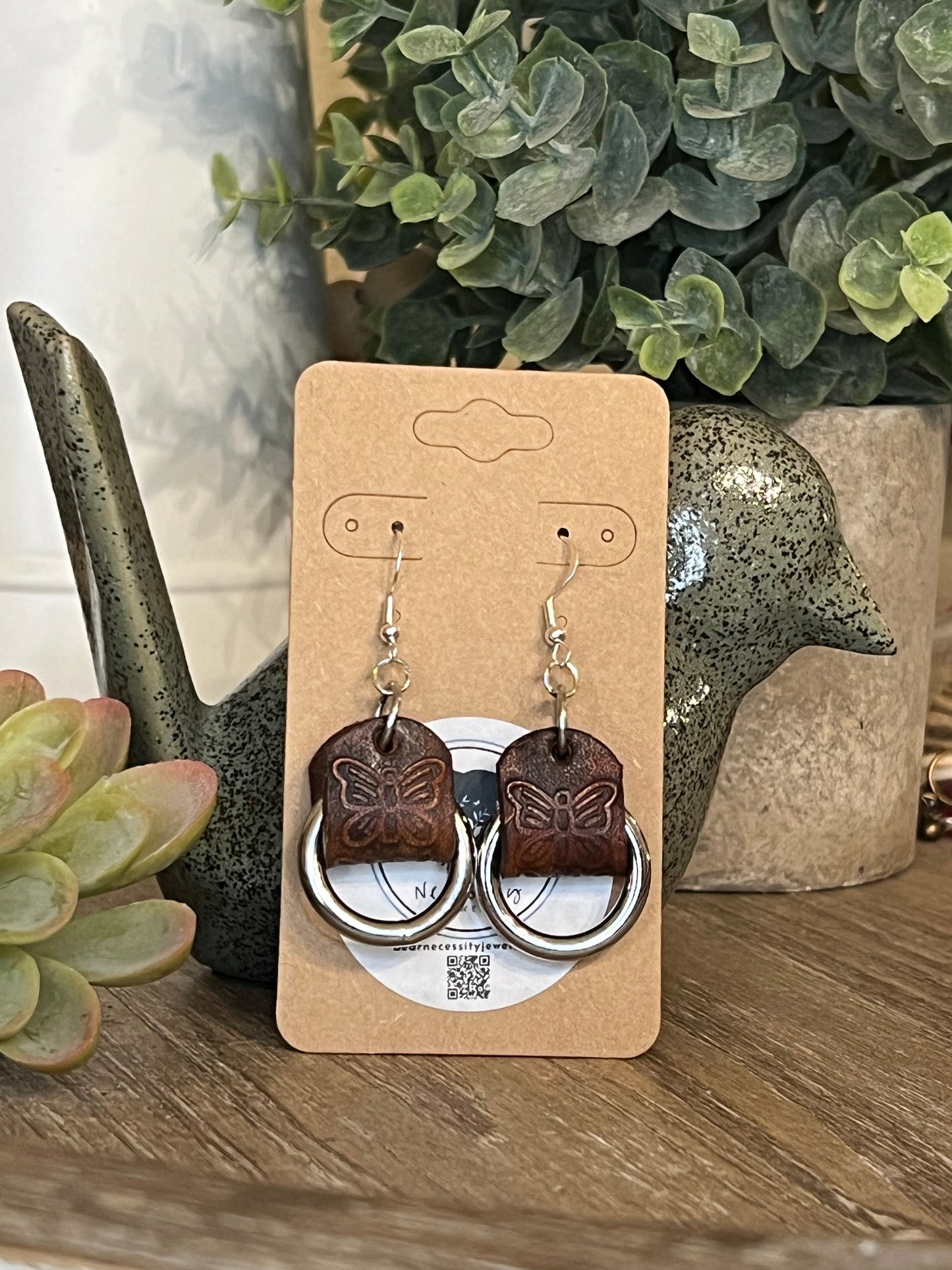 Genuine Leather Hand Tooled Butterfly and Silver Dangle Earring