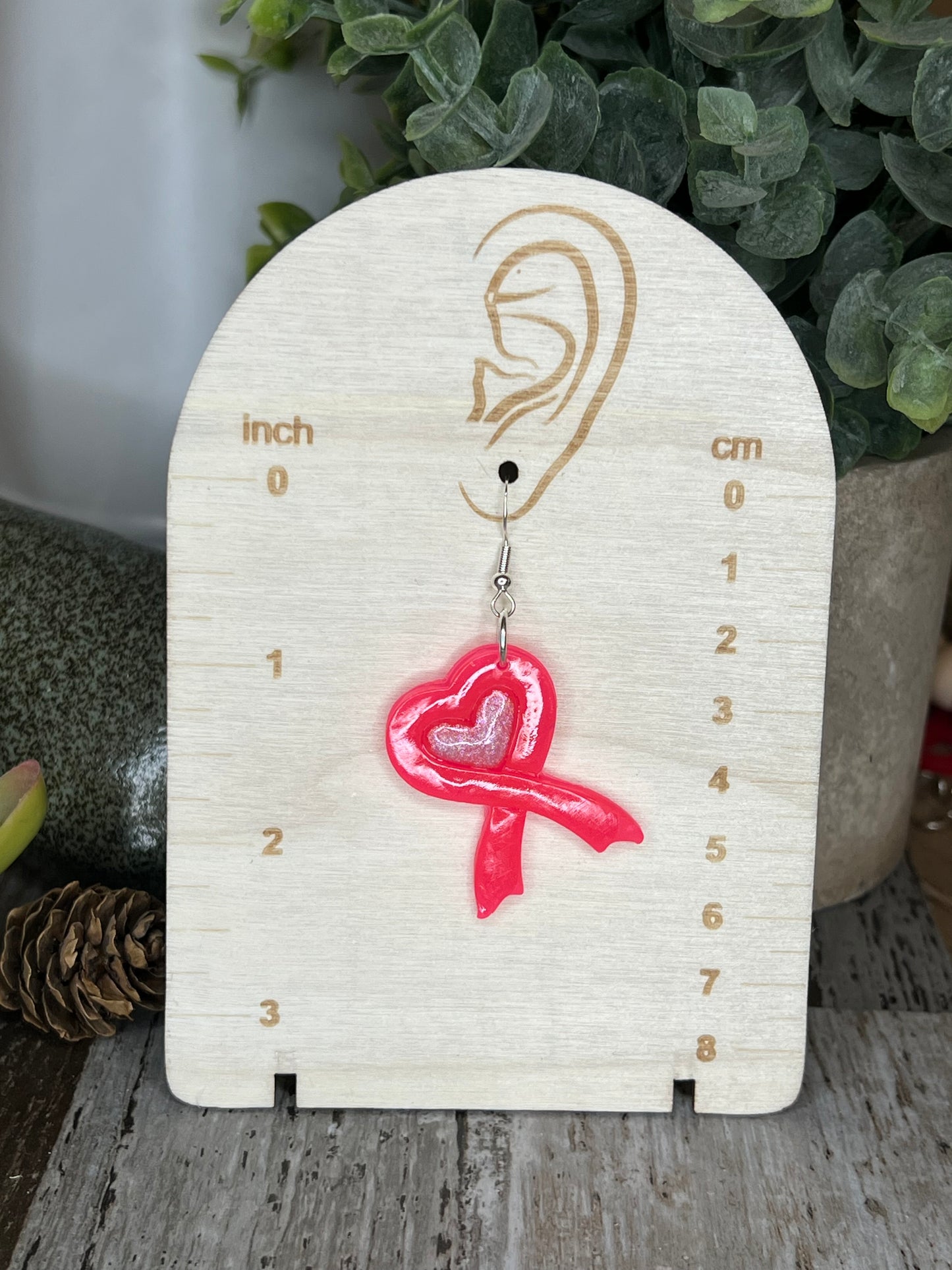 Pink Silver Heart Ribbon Earrings