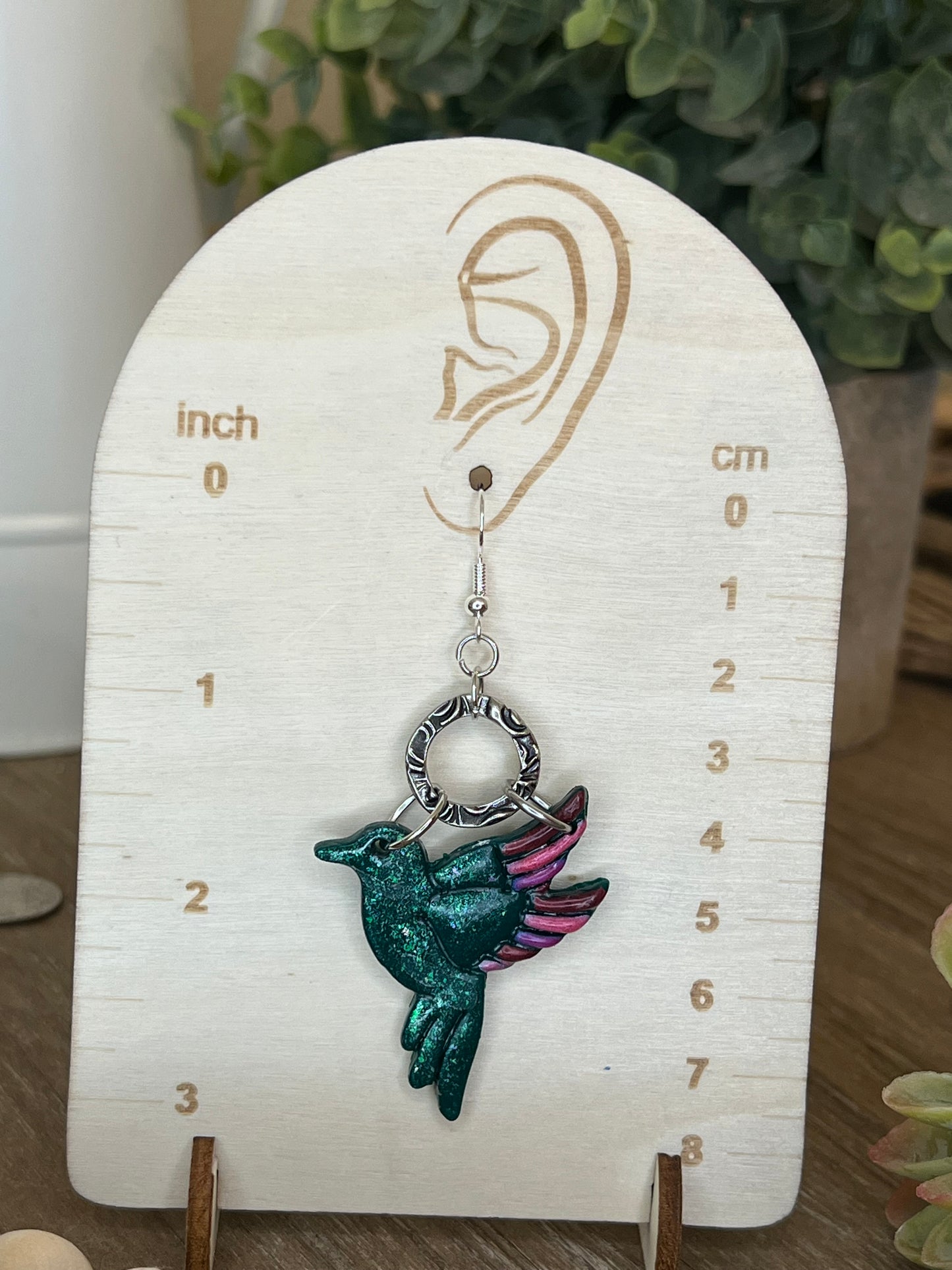 Green Hummingbird Dangle Earrings