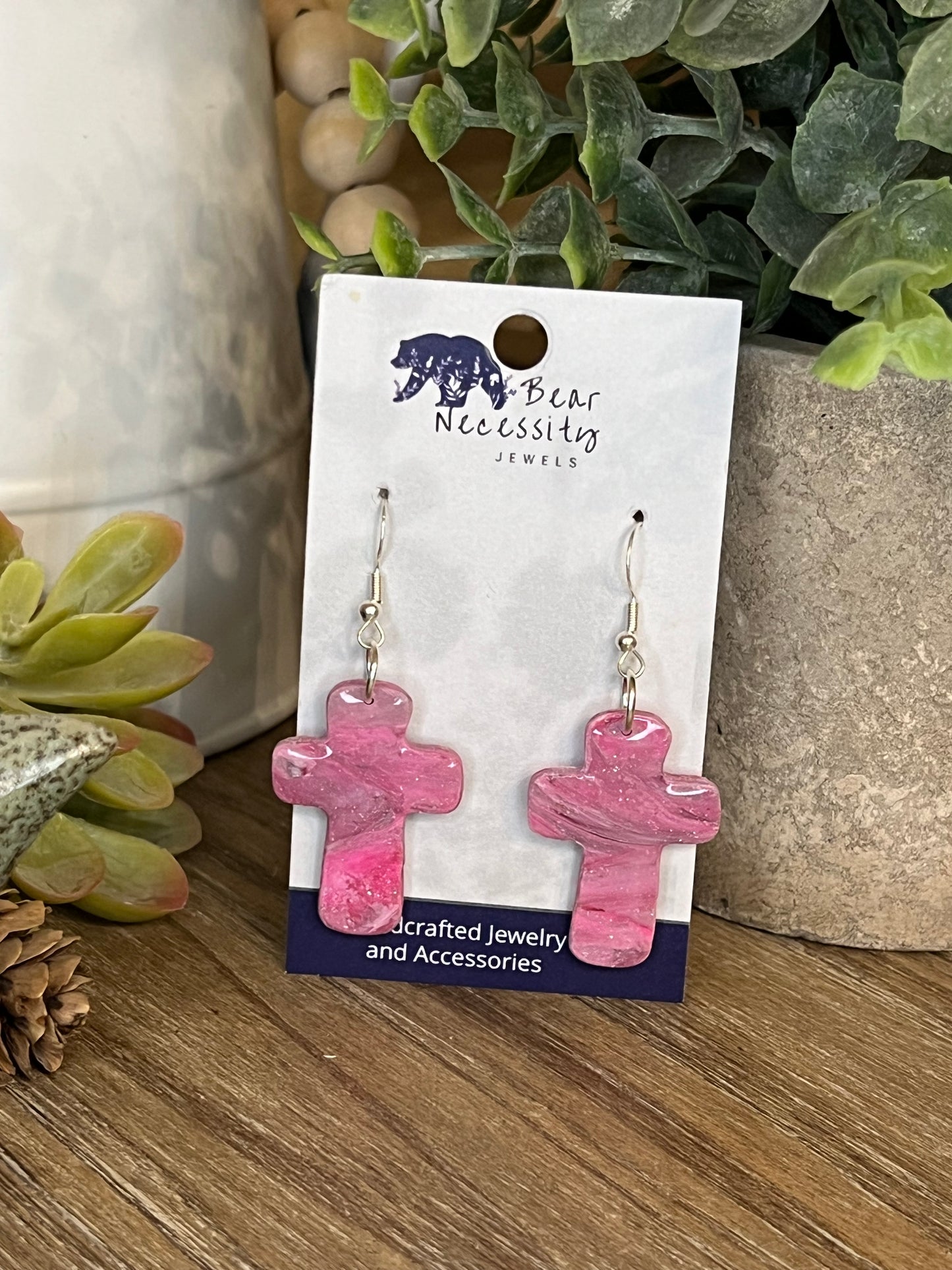 Pink and Silver Marbled Cross Earrings