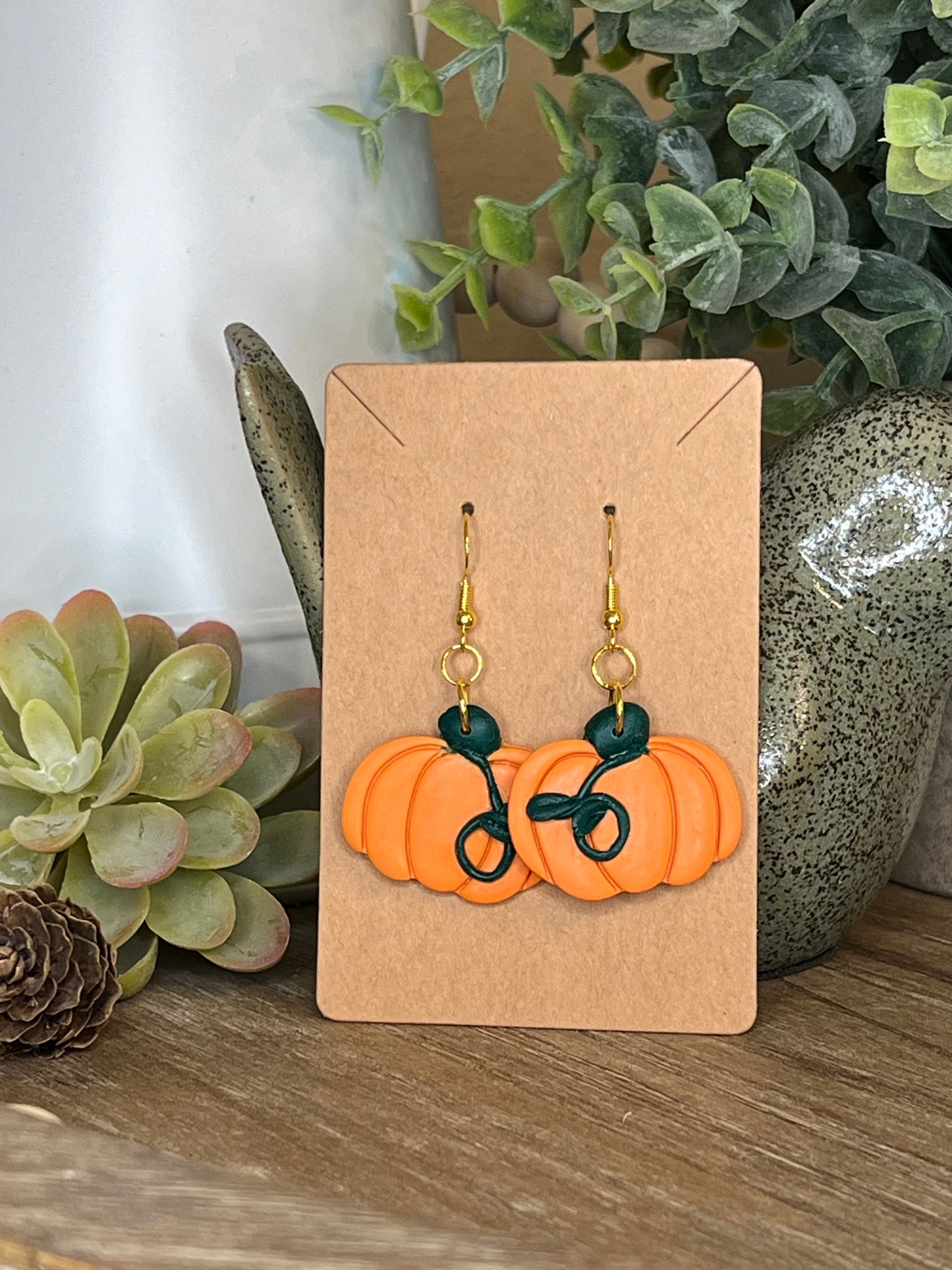 Green vine/Leaf Accented Pumpkin Hook Earrings