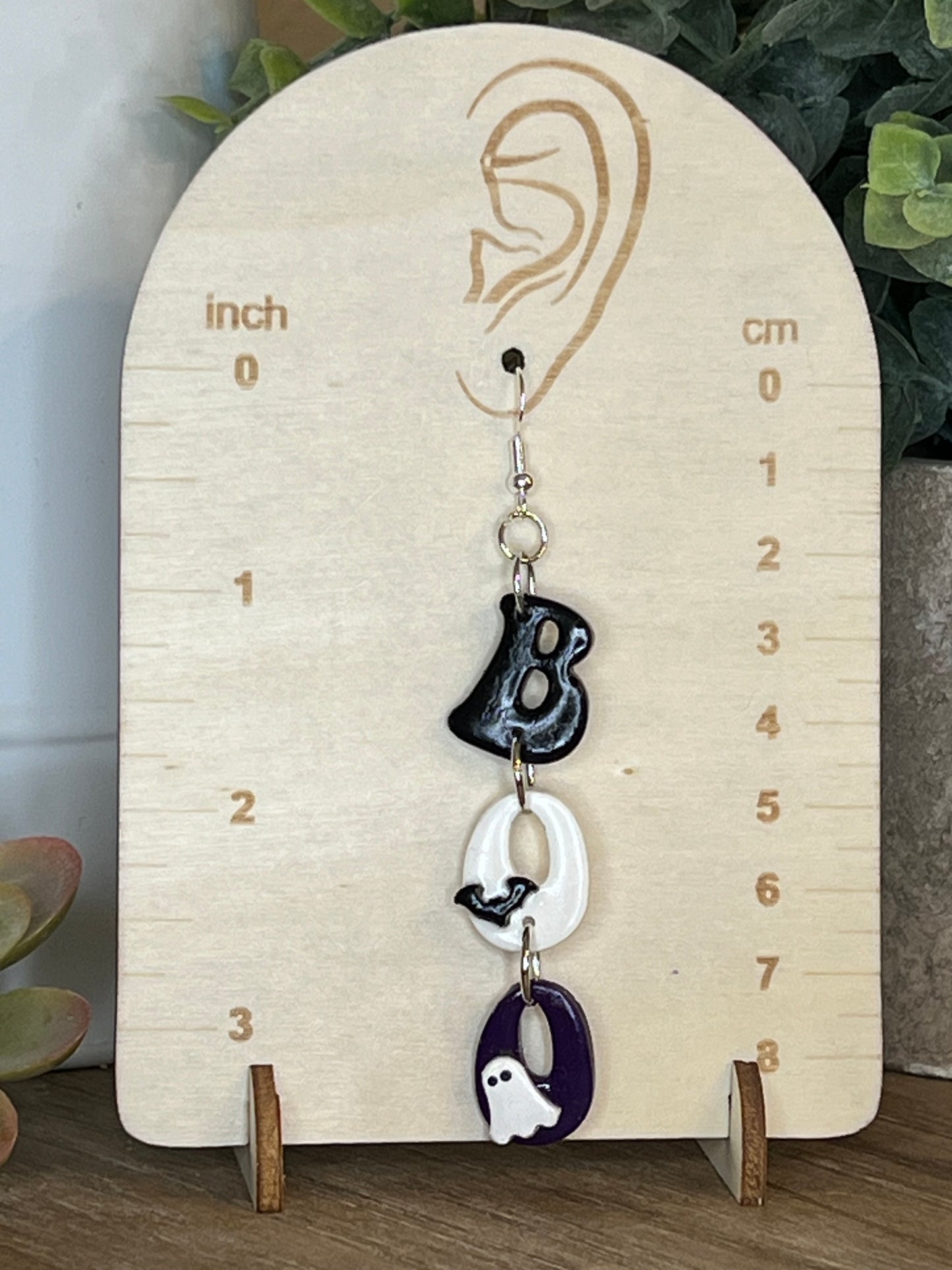 Purple, Black, and White BOO Dangle Earrings with Ghost Accents