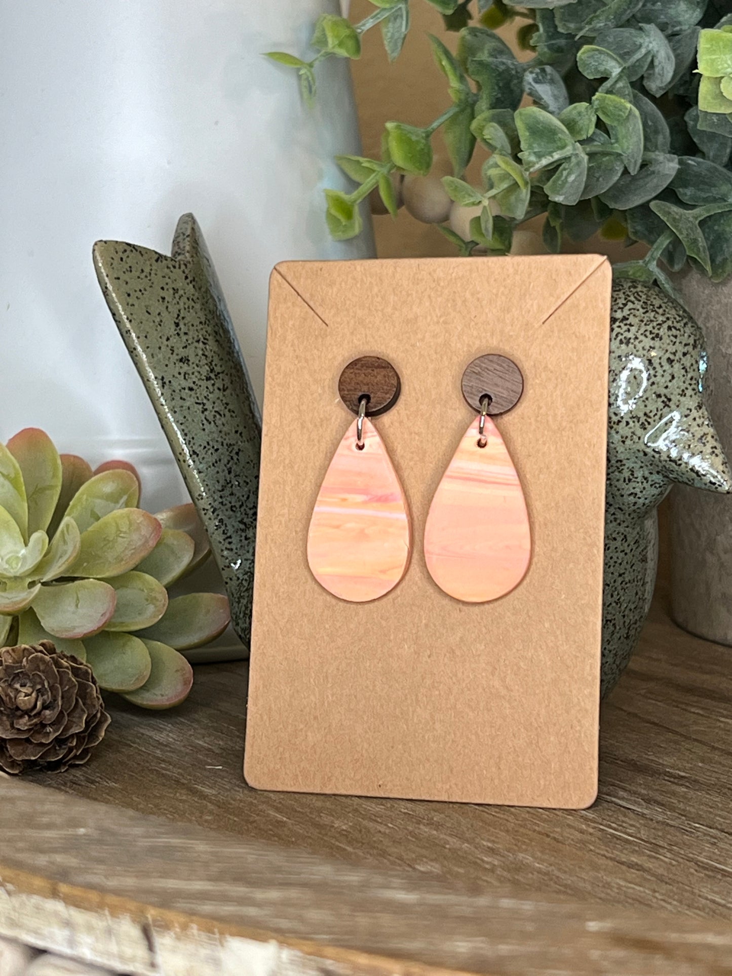 Peach Ombre Dangle Wood Stud Earrings