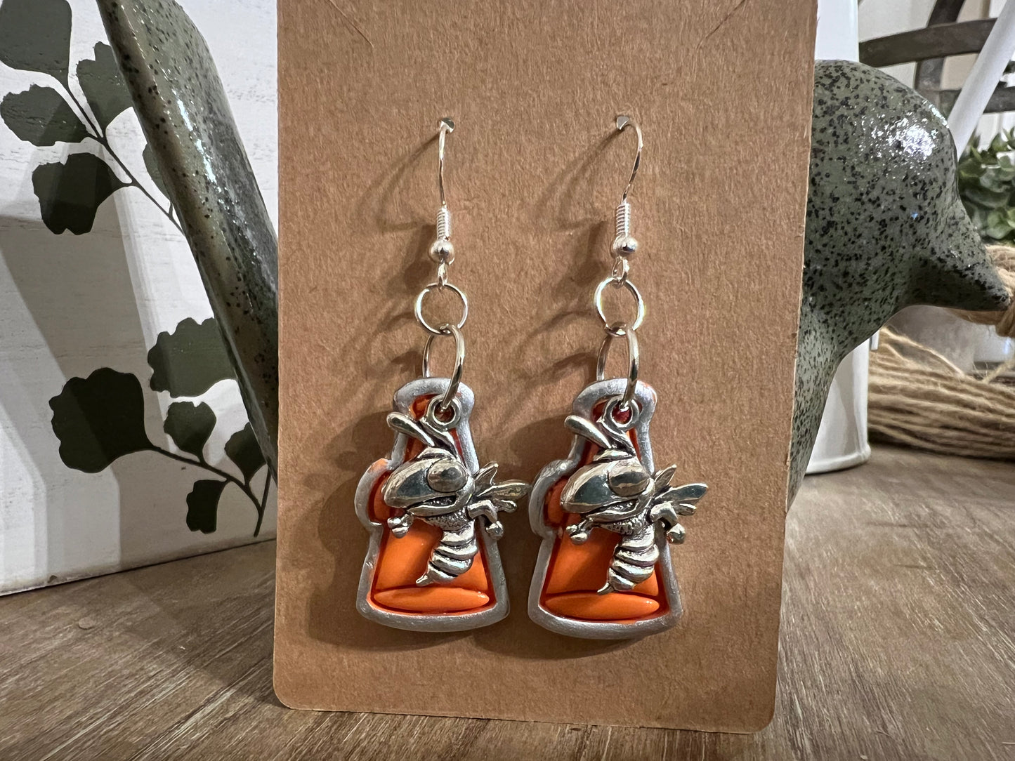 Orange Megaphone with Yellowjacket  Charm Hook Earrings