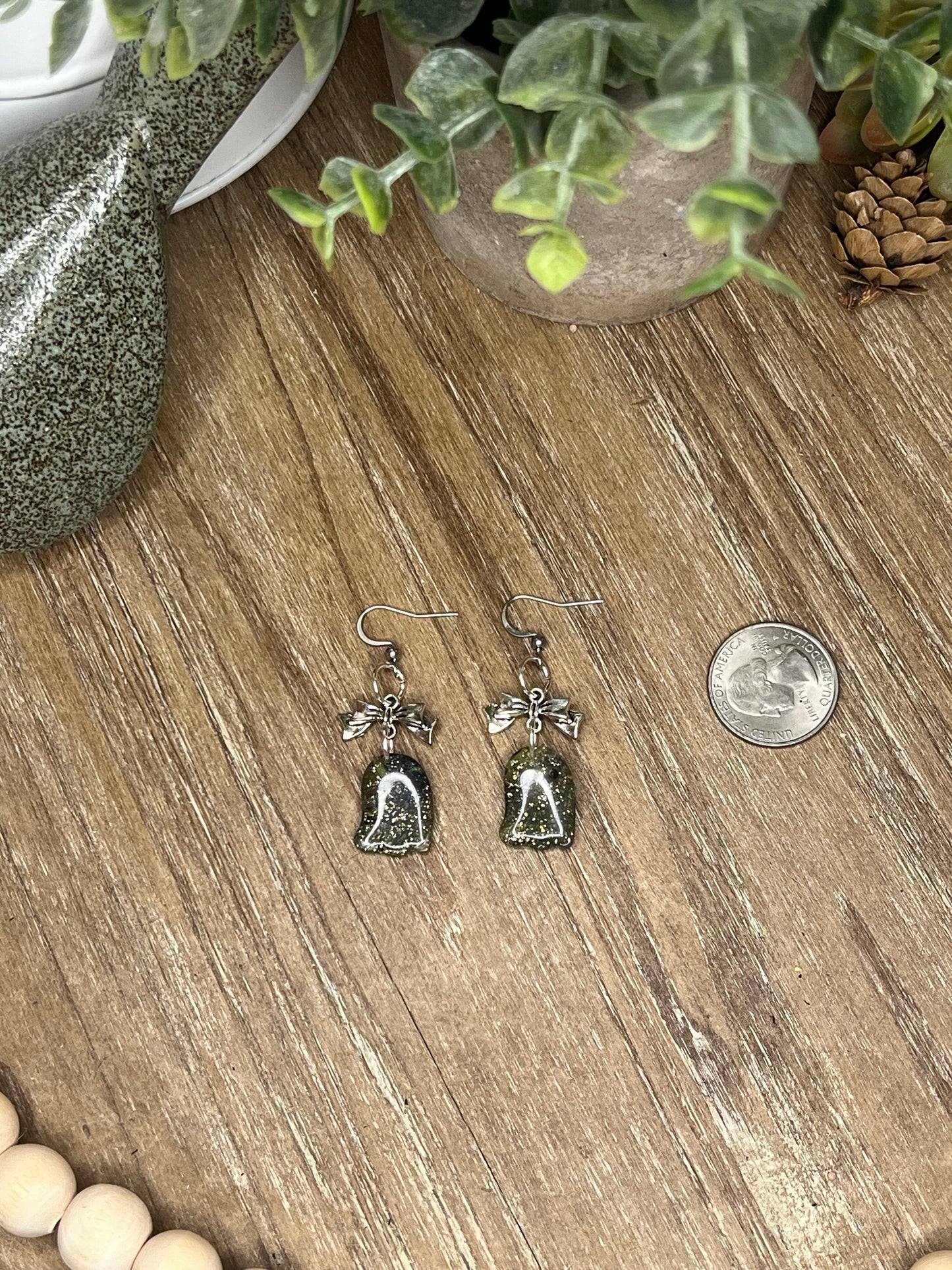 Green and Black Ghost with Silver  Bow Dangle Earrings