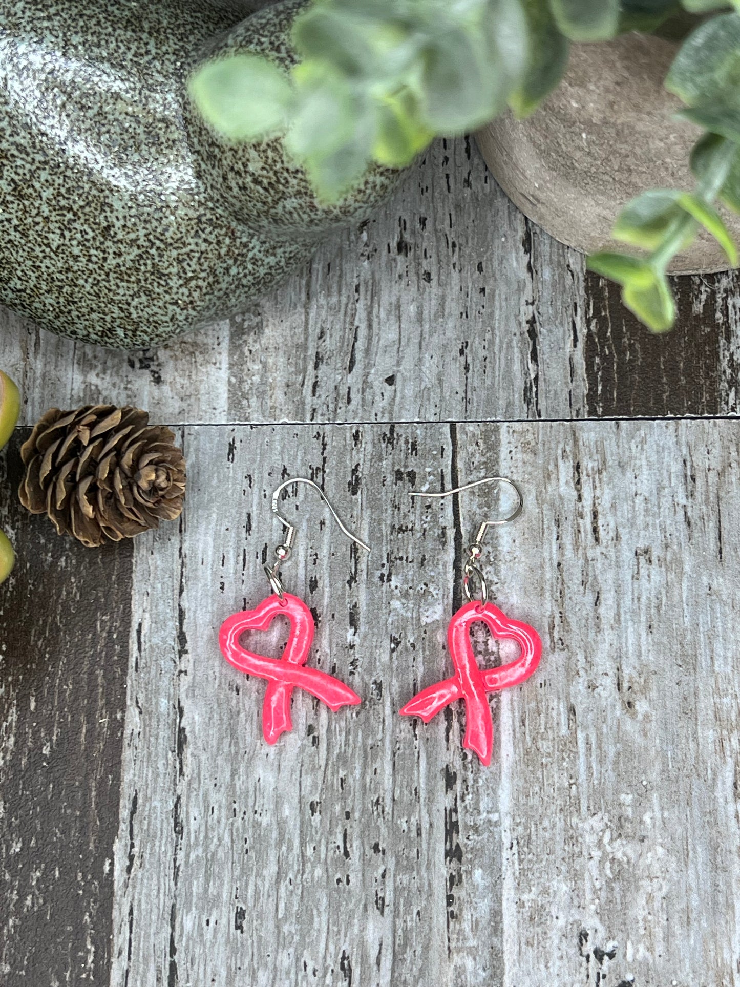 Small Pink Heart Ribbon Earrings